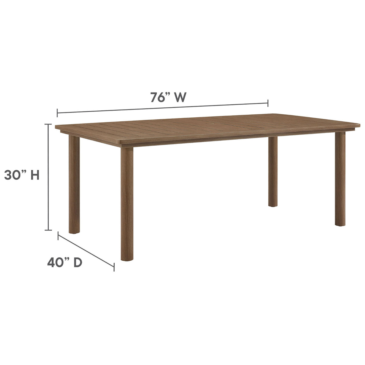 Walnut rectangular patio dining table sized 76 by 40 inches to anchor relaxed outdoor gatherings || EEI-6985-WAL || dimension_studio
