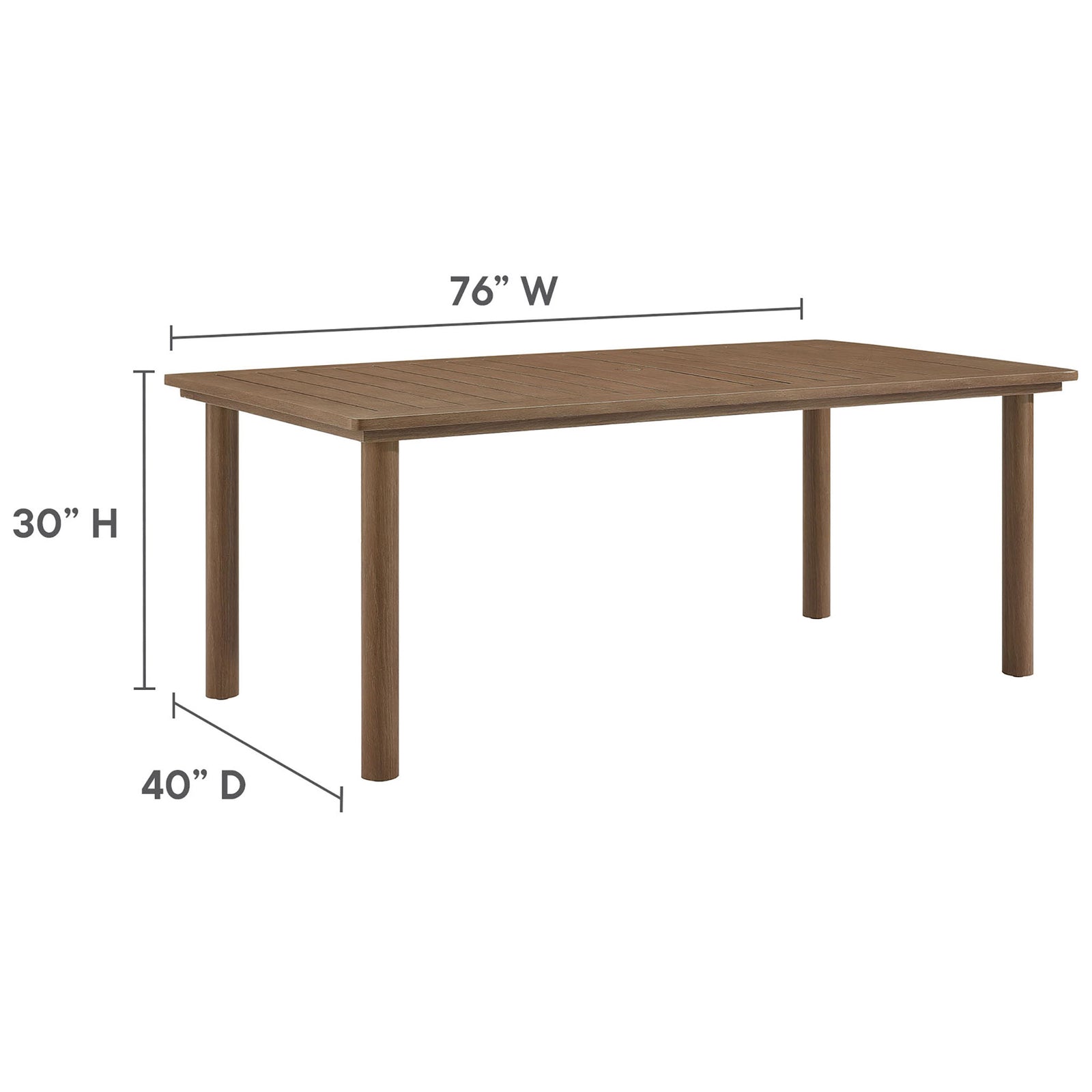 Walnut rectangular patio dining table sized 76 by 40 inches to anchor relaxed outdoor gatherings || EEI-6985-WAL || dimension_studio