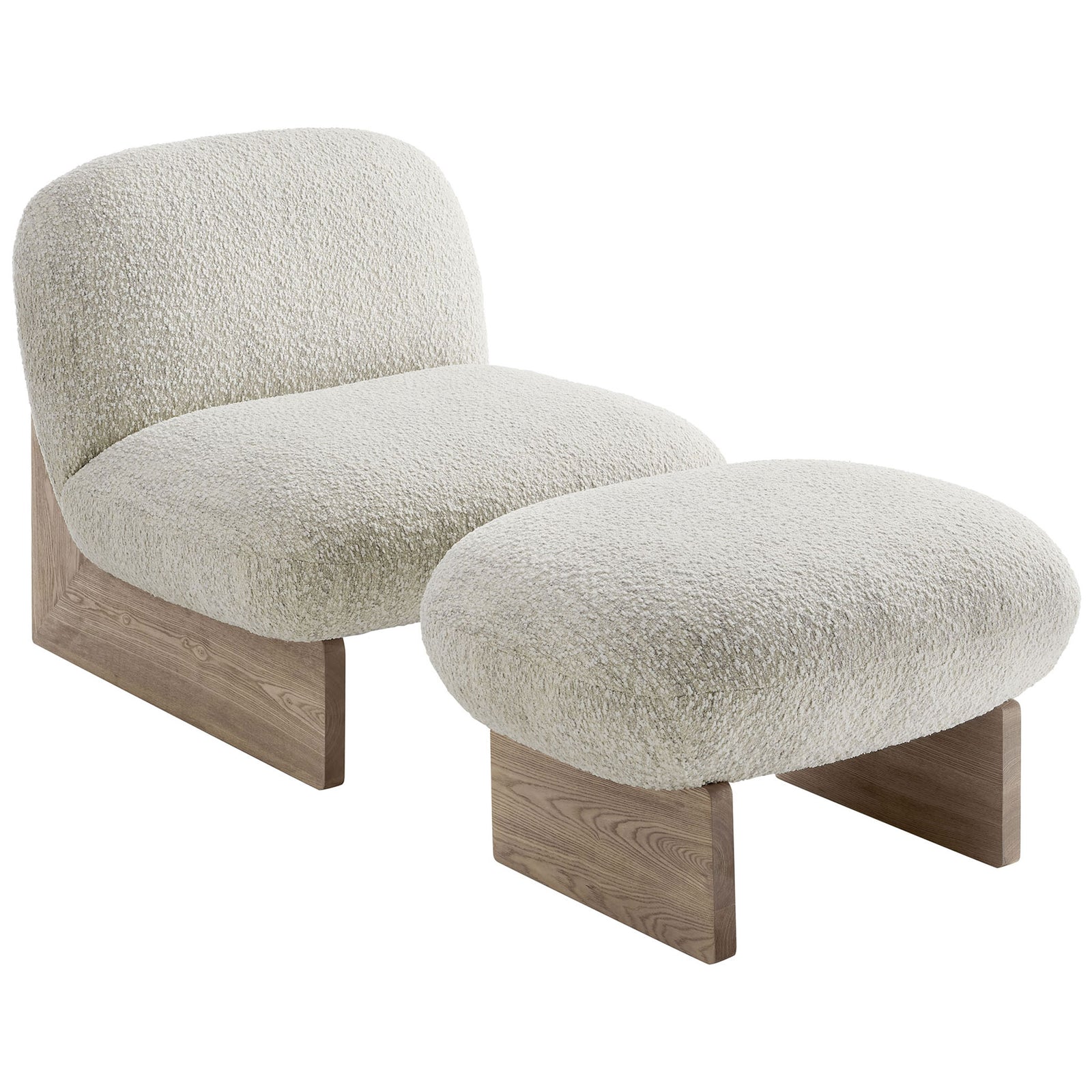 Curved boucle chair pairs with plush ottoman, wide ash wood legs, and inviting, cozy texture || EEI-6988-PRL-OAK || front_angle_studio