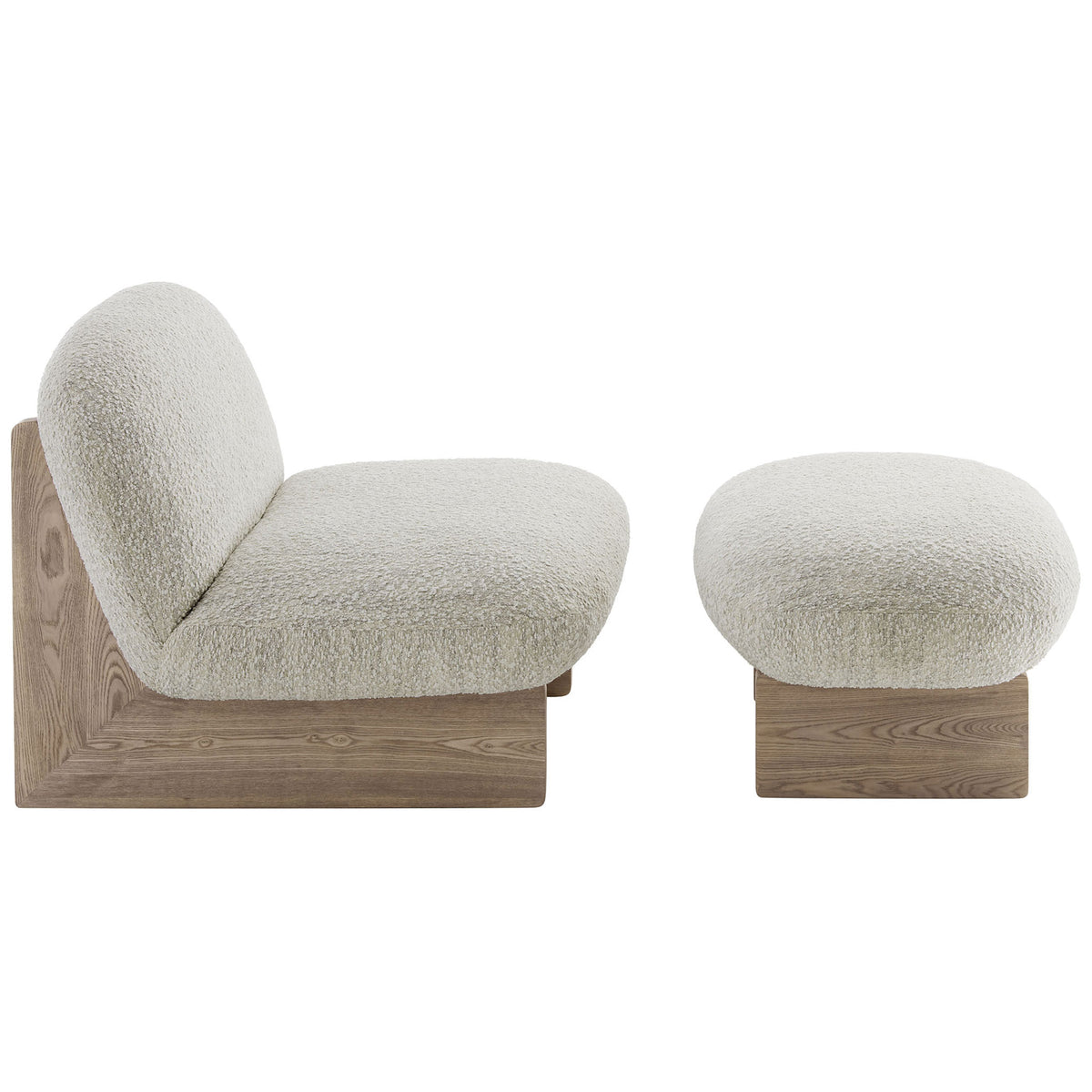 Low-slung profile with deep seat and generous ottoman, set on flat ash wood plank legs || EEI-6988-PRL-OAK || side_studio
