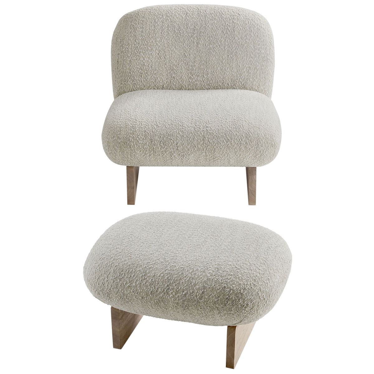 Oversized boucle lounge chair with matching ottoman, modern lines, and a warm pearl oak wood base || EEI-6988-PRL-OAK || top_angle_studio