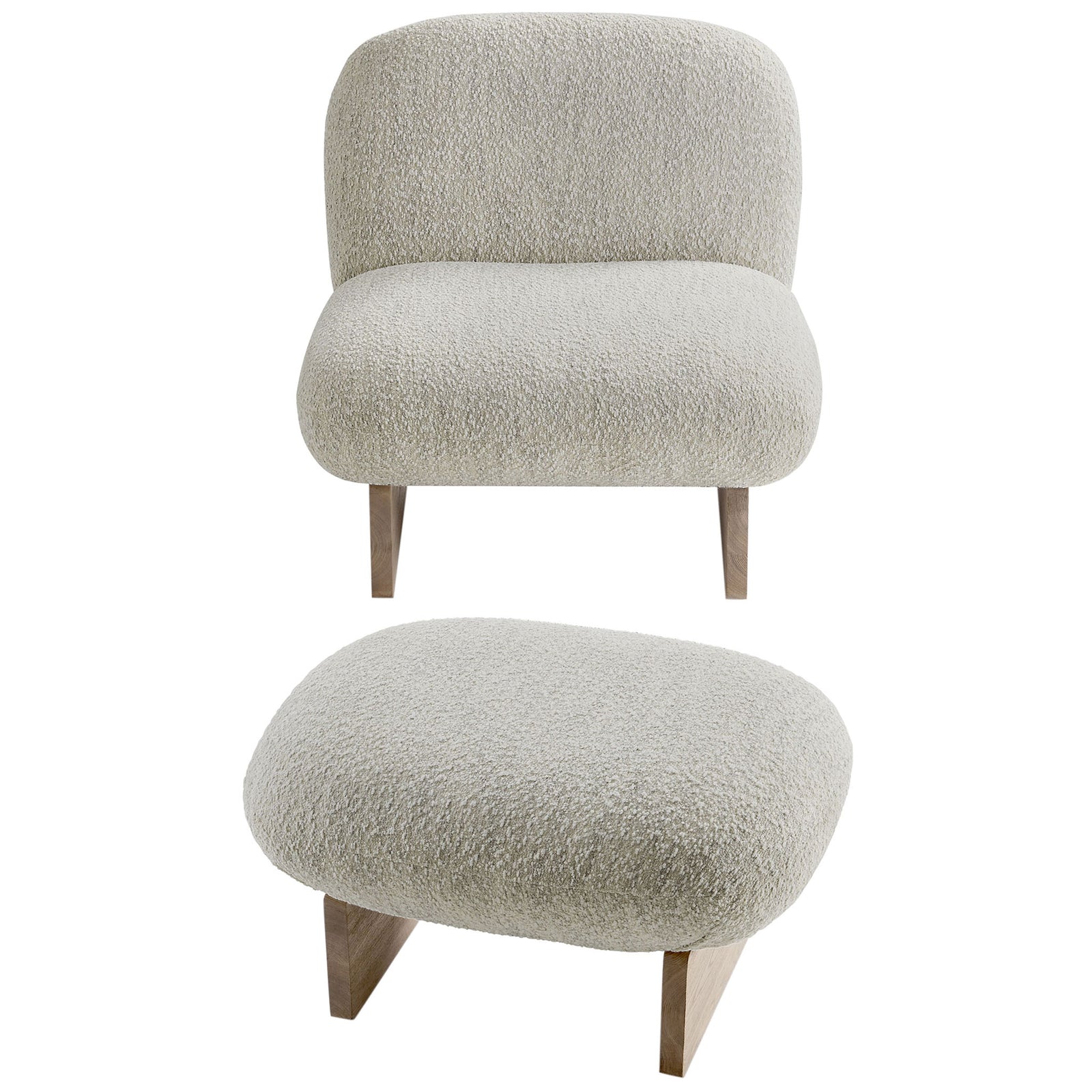 Oversized boucle lounge chair with matching ottoman, modern lines, and a warm pearl oak wood base || EEI-6988-PRL-OAK || top_angle_studio