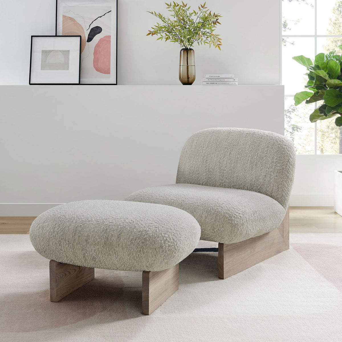 Cozy lounge set in soft boucle with pearl oak base brings modern warmth to the room || EEI-6988-PRL-OAK || front_angle_room