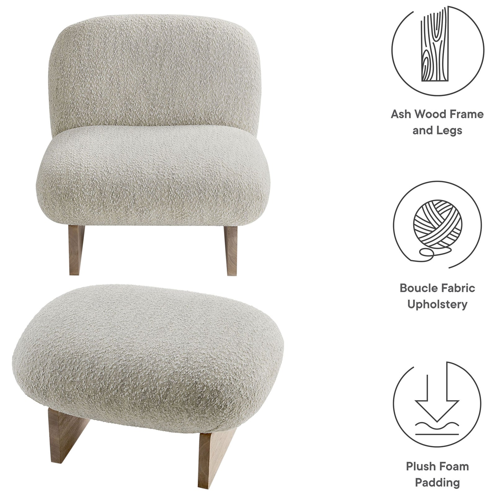 Boucle upholstery, ash wood frame and legs, and plush foam padding deliver lasting comfort || EEI-6988-PRL-OAK || callout_studio