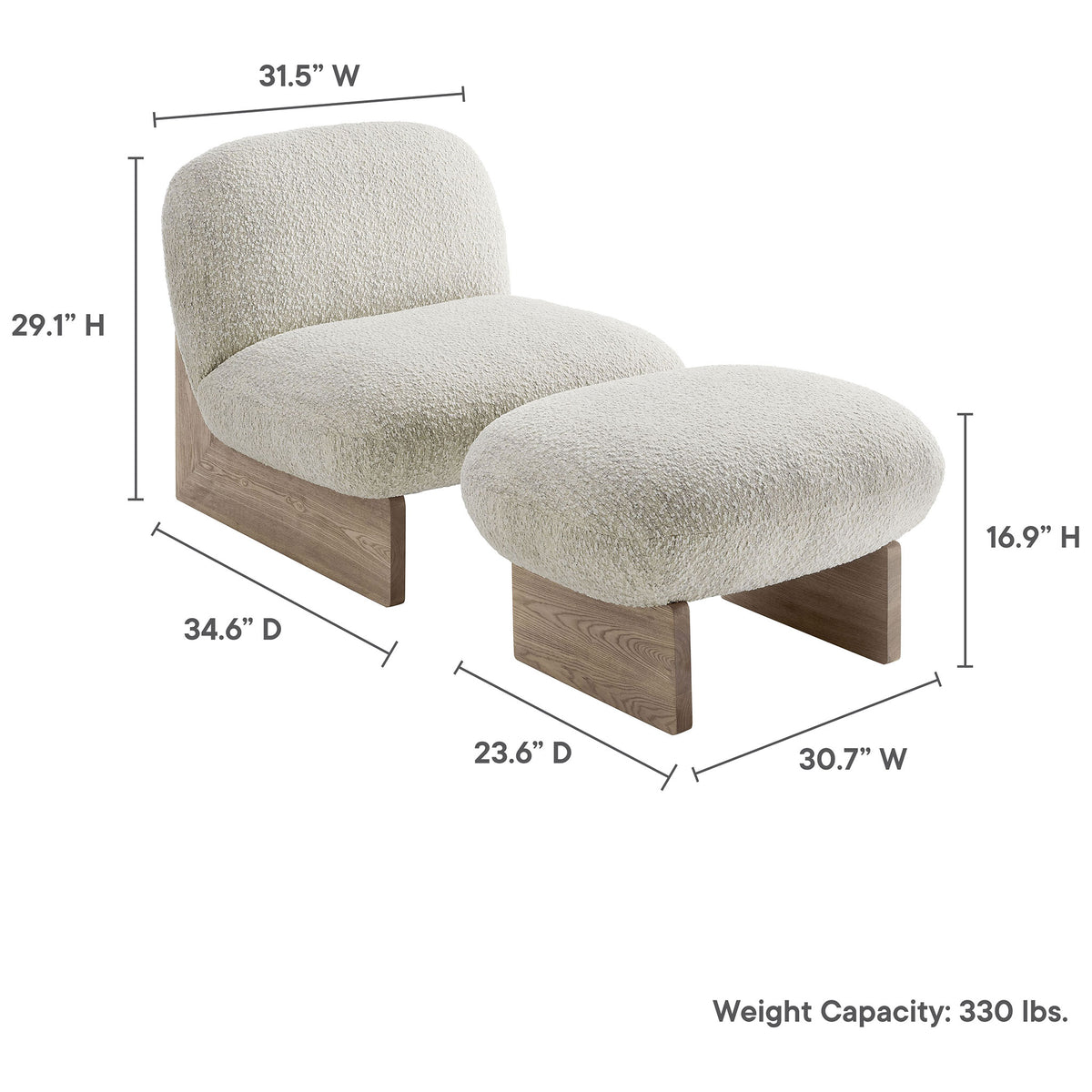 Spacious chair and ottoman sized for lounging with a 330 lb weight capacity || EEI-6988-PRL-OAK || dimension_studio