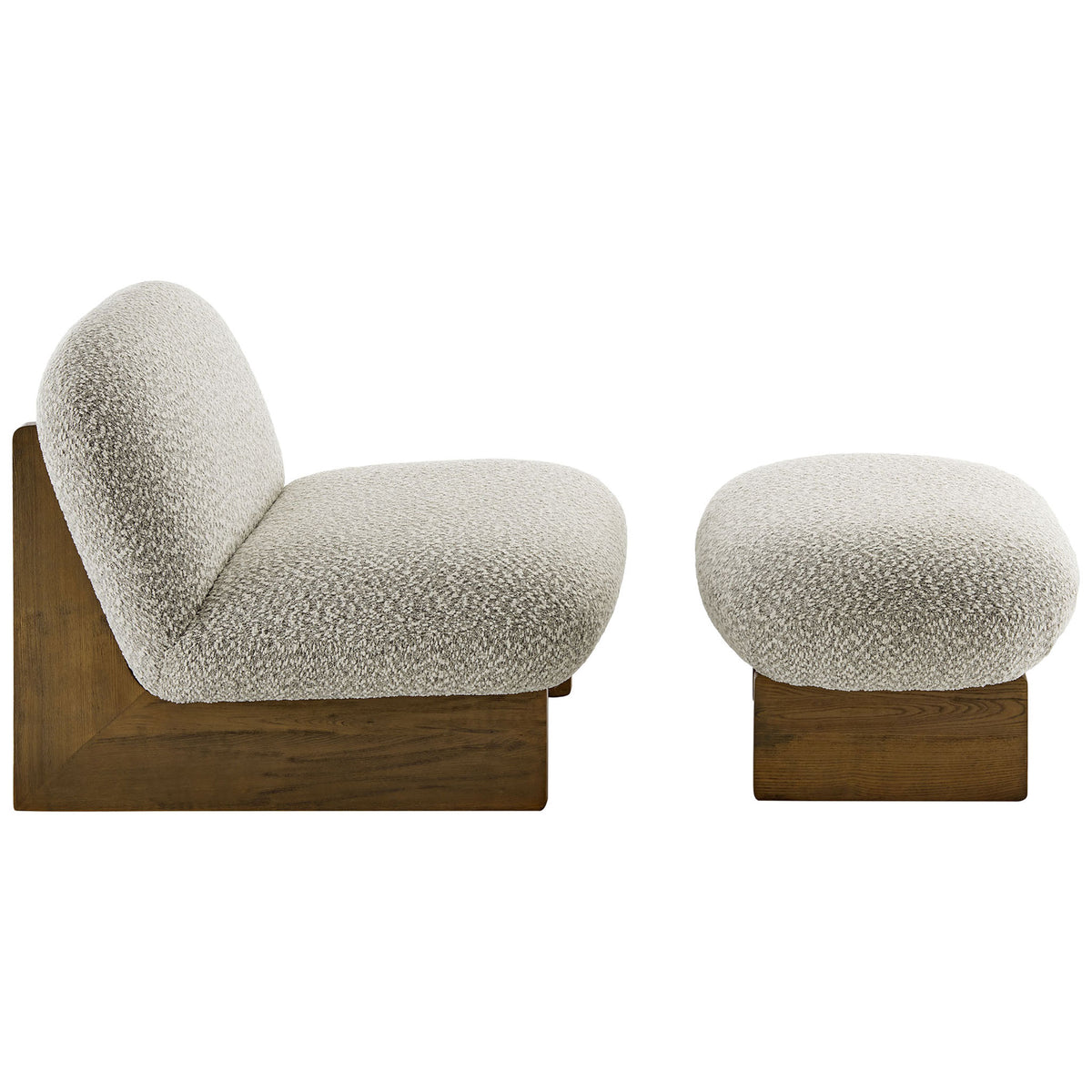 Low-profile boucle chair and ottoman showcasing deep seats and solid ash bases || EEI-6988-RIV-WAL || side_studio