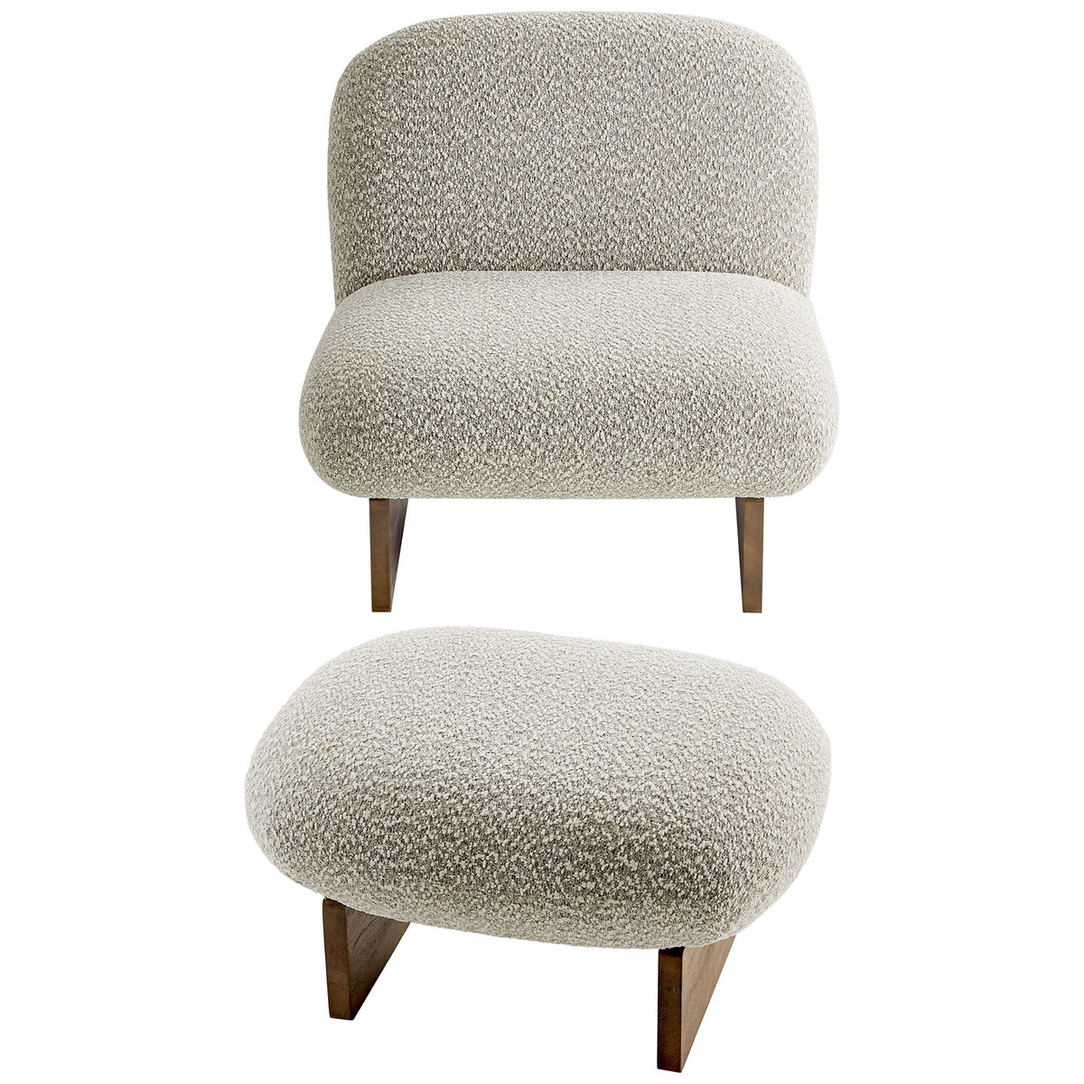 Cozy boucle lounge chair with matching ottoman and wide, flat ash wood legs in walnut || EEI-6988-RIV-WAL || top_angle_studio