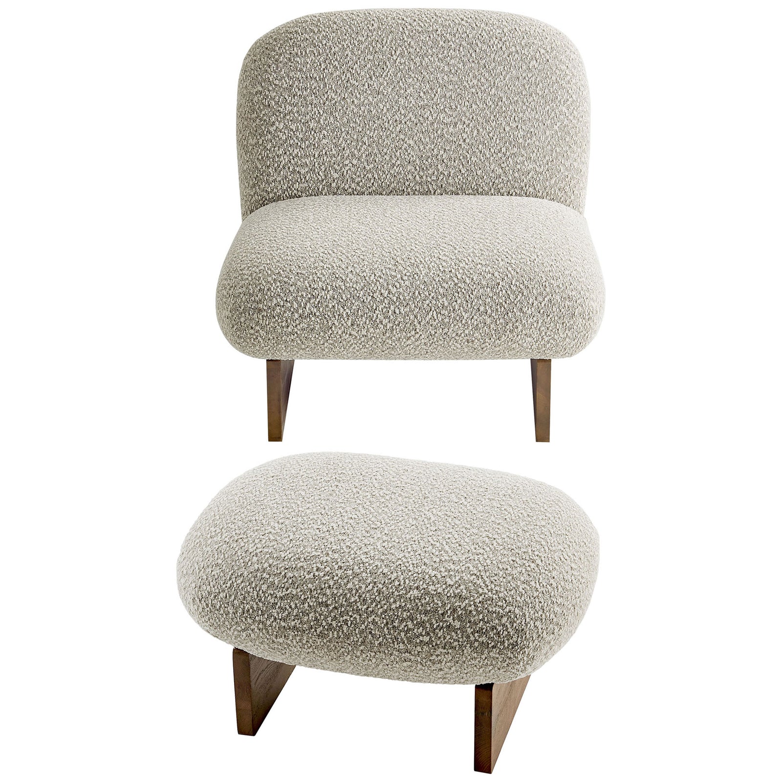 Cozy boucle lounge chair with matching ottoman and wide, flat ash wood legs in walnut || EEI-6988-RIV-WAL || top_angle_studio