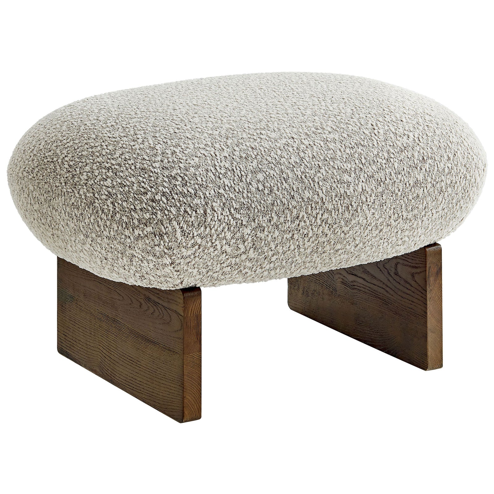 Plush boucle ottoman with wide ash wood legs in walnut finish || EEI-6988-RIV-WAL || front_angle_partial_studio