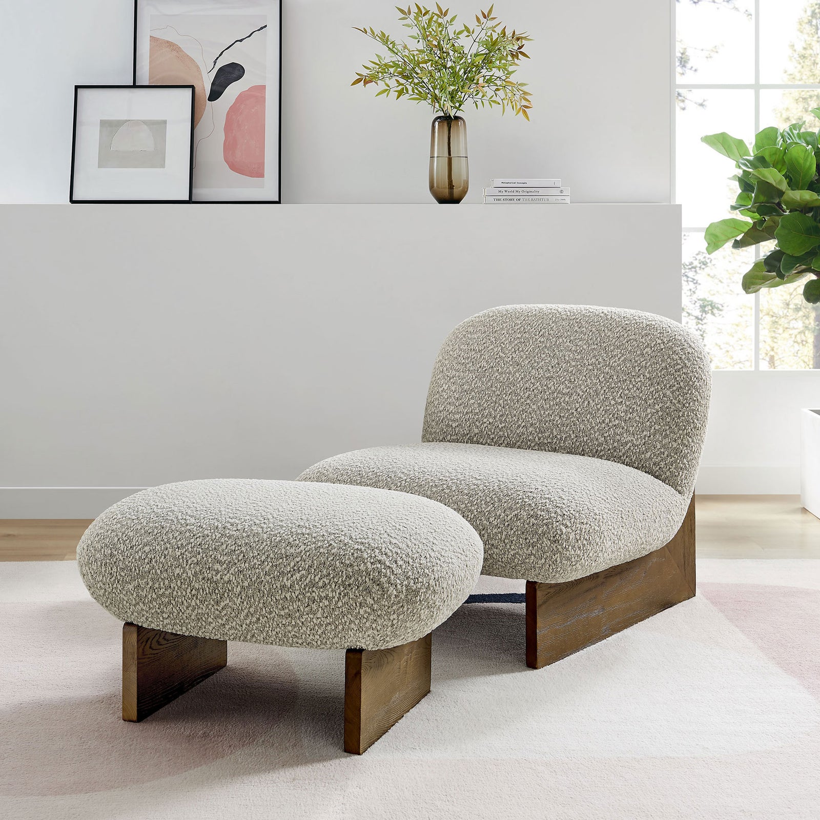 Oversized boucle chair and ottoman bring cozy comfort with a warm walnut base || EEI-6988-RIV-WAL || front_angle_room
