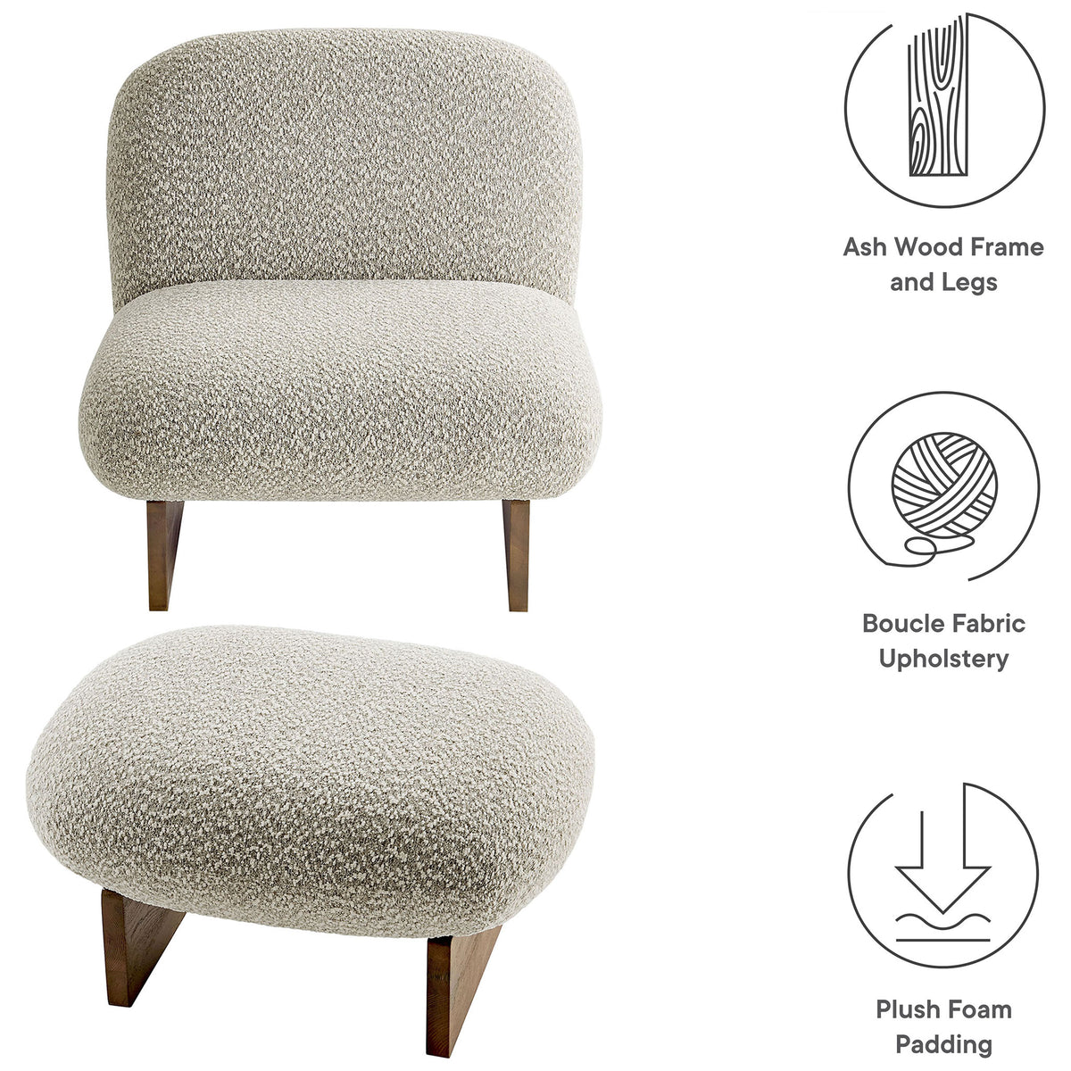 Features plush foam padding, boucle upholstery, and ash wood frame || EEI-6988-RIV-WAL || callout_studio