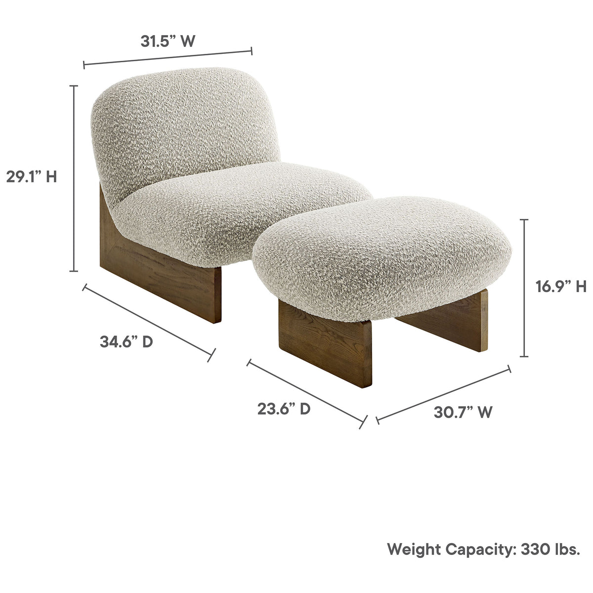 Chair and ottoman dimensions with 330 lb weight capacity || EEI-6988-RIV-WAL || dimension_studio