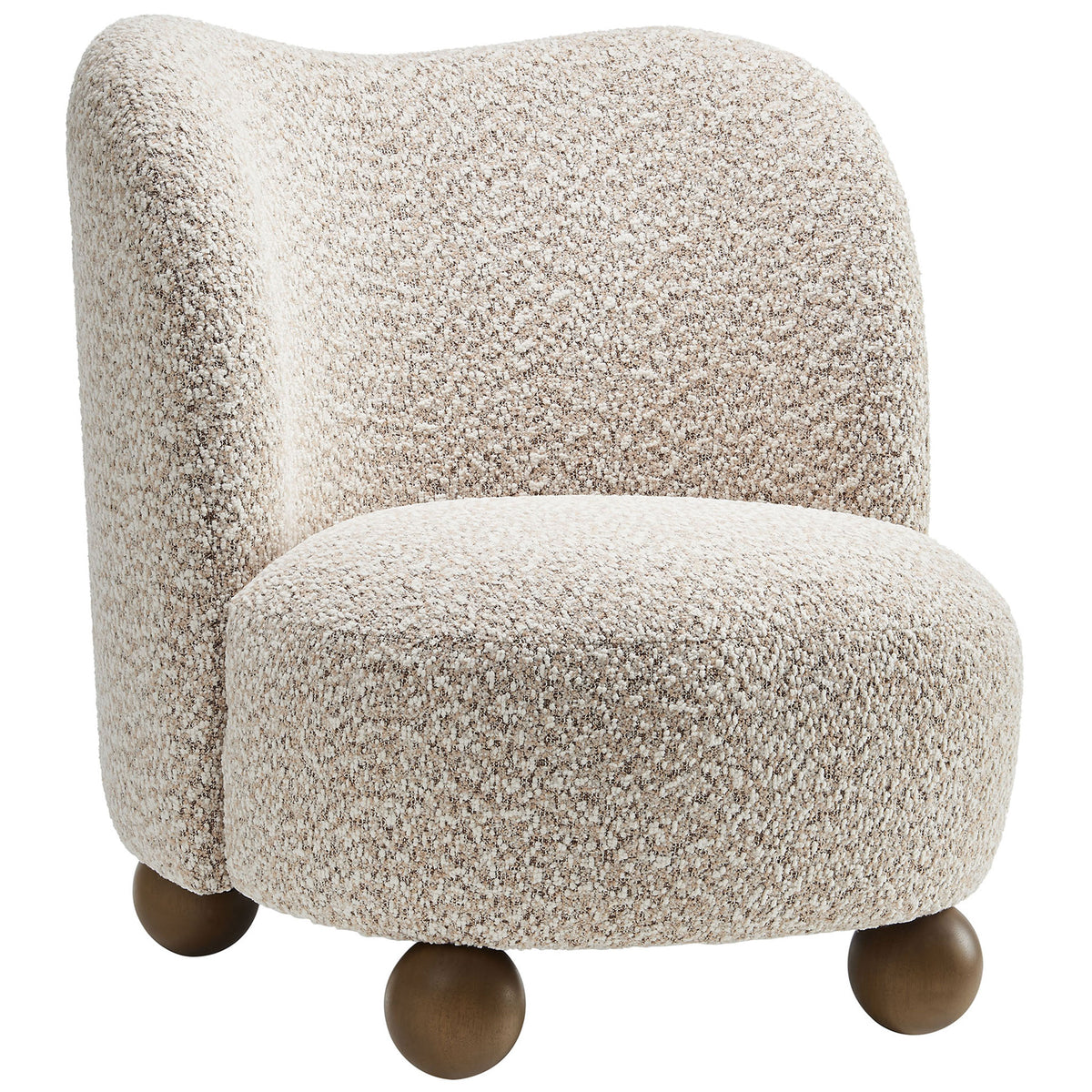 Curved boucle chair with plush cushioning and rounded wood ball feet || EEI-6989-COR-WAL || front_angle_studio