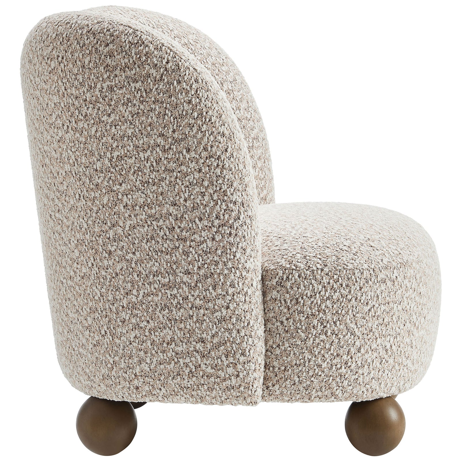 Low-profile barrel silhouette hugs the body with soft, textured boucle upholstery || EEI-6989-COR-WAL || side_studio