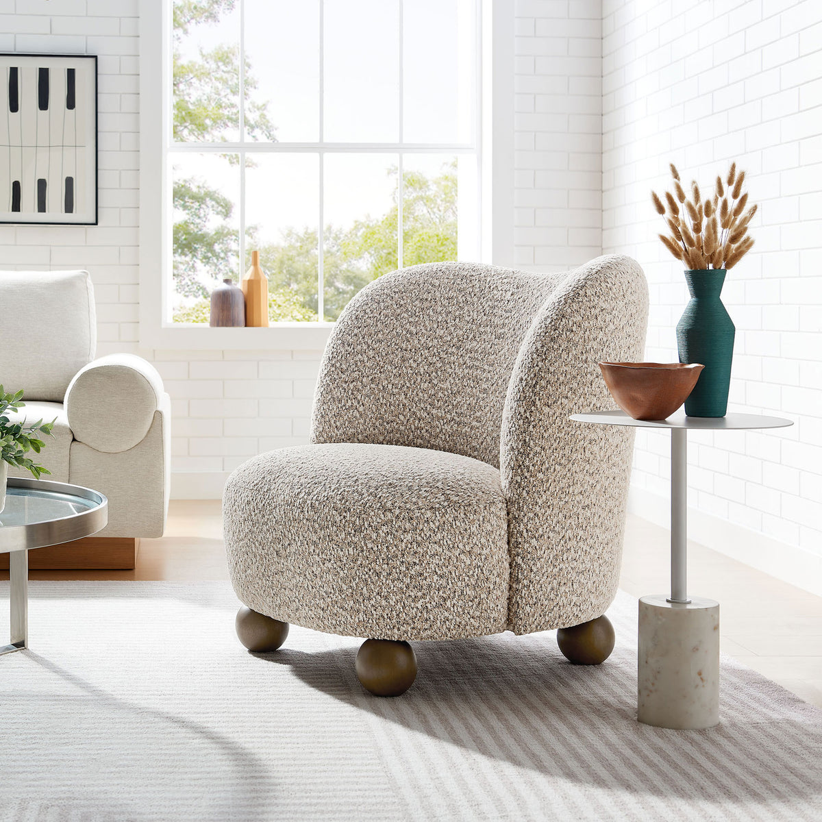 Mid-century-inspired accent chair pairs rounded contours with cozy boucle comfort || EEI-6989-COR-WAL || front_angle_room