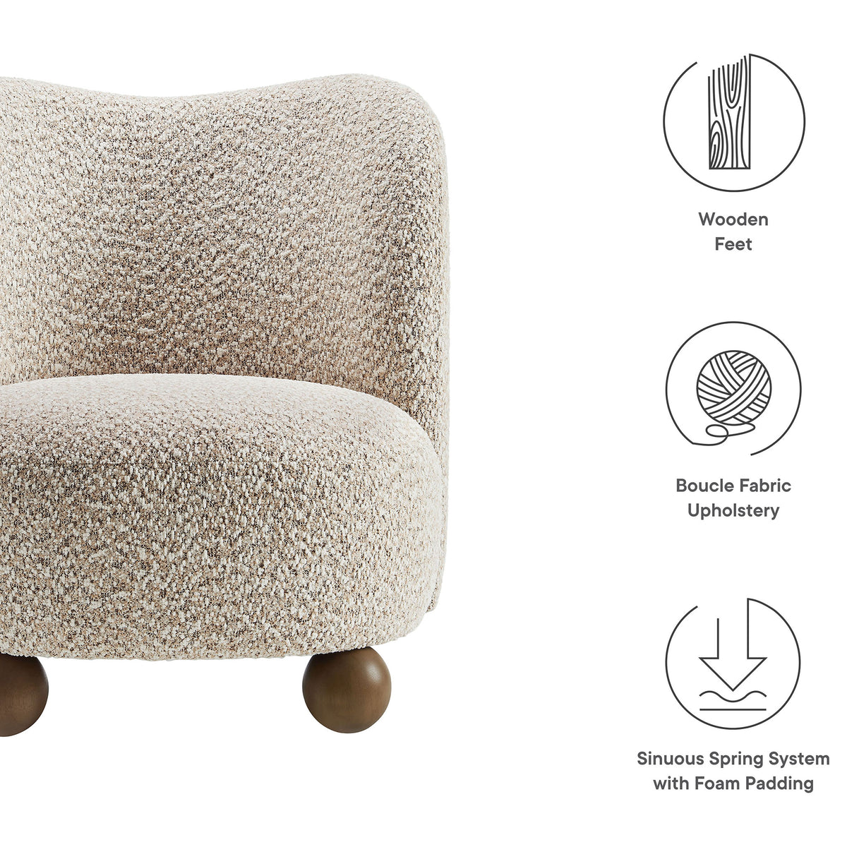 Key features include wooden feet, boucle upholstery, and spring-supported cushioning || EEI-6989-COR-WAL || callout_studio