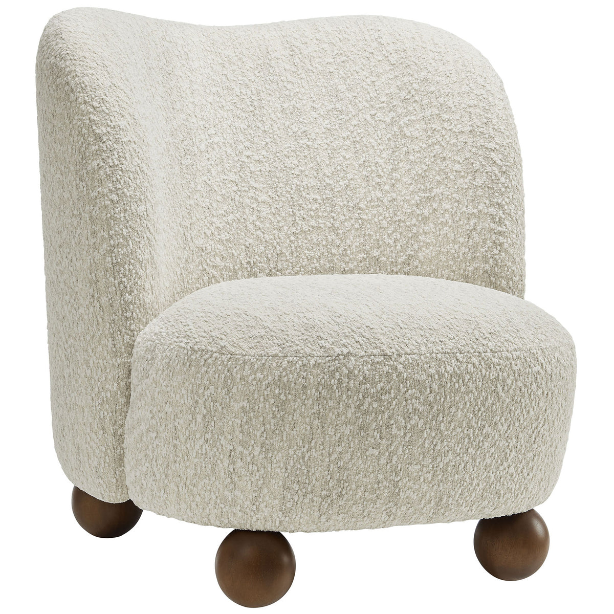 Curved barrel chair in pearl boucle with walnut ball feet adds cozy mid-century charm. || EEI-6989-PRL-WAL || front_angle_studio