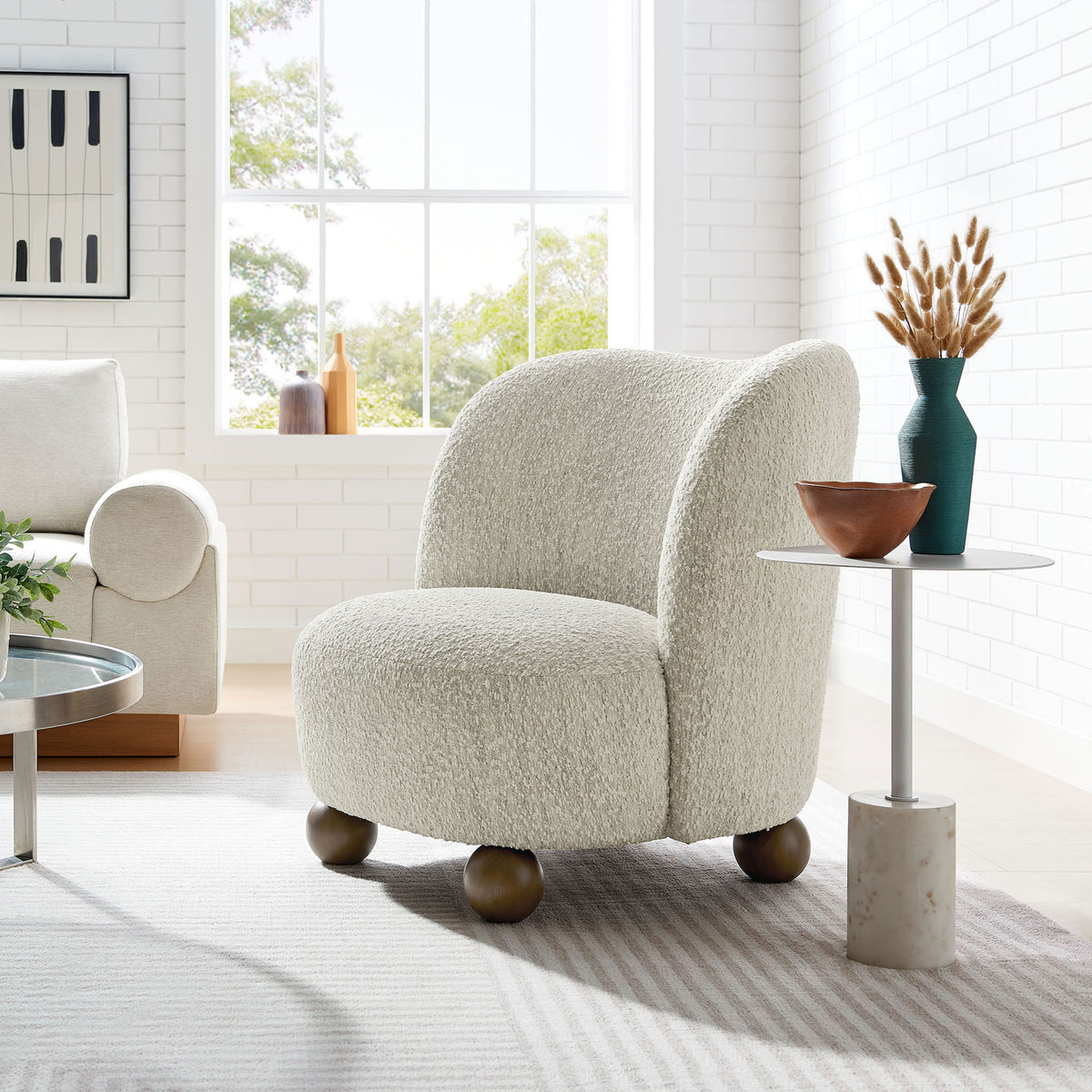 Pearl boucle accent chair brings a cozy statement to your living room. || EEI-6989-PRL-WAL || front_angle_room