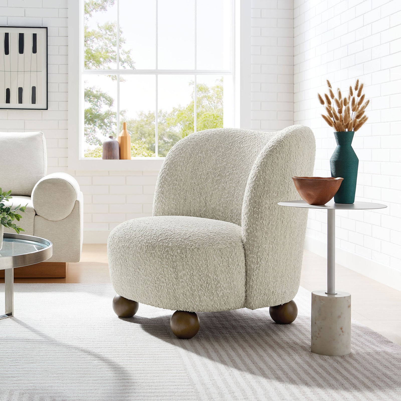 Pearl boucle accent chair brings a cozy statement to your living room. || EEI-6989-PRL-WAL || front_angle_room