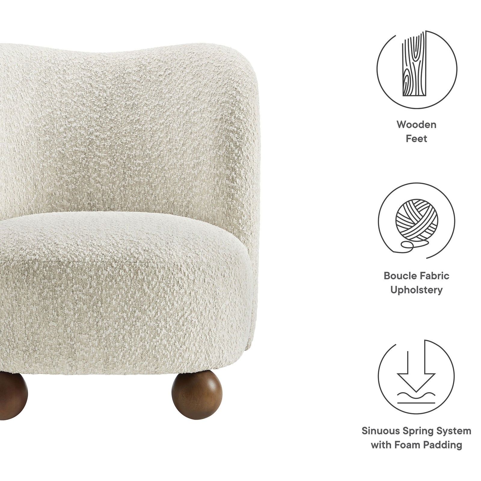 Boucle upholstery, dense foam, and sinuous springs provide lasting support. || EEI-6989-PRL-WAL || callout_studio