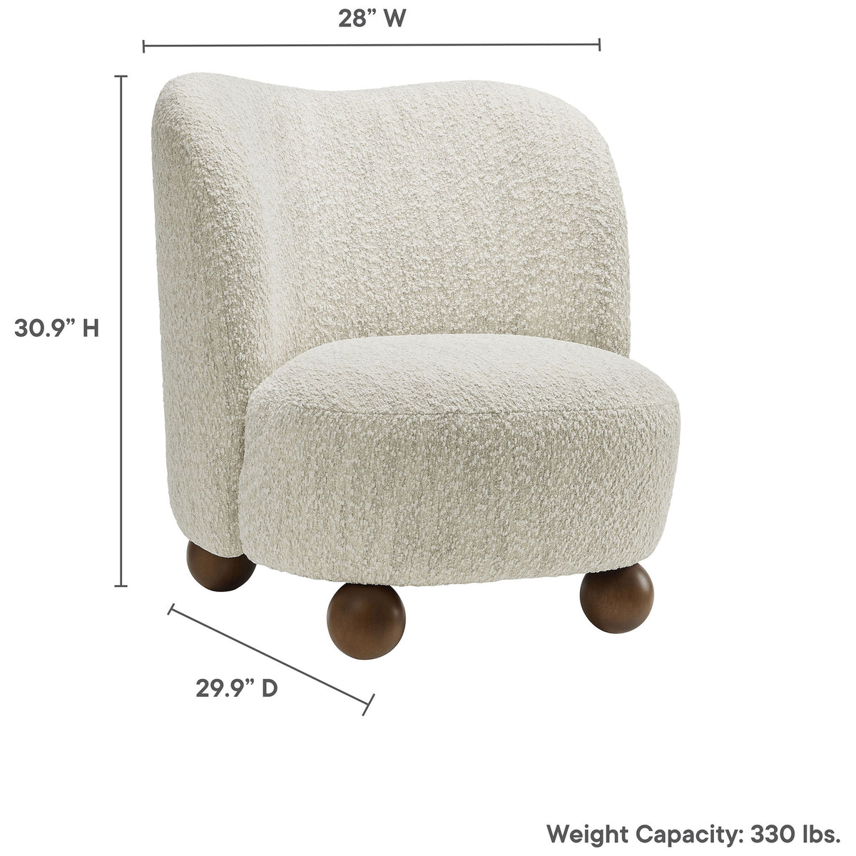 Compact, low-profile accent chair with supportive curves fits small spaces. || EEI-6989-PRL-WAL || dimension_studio