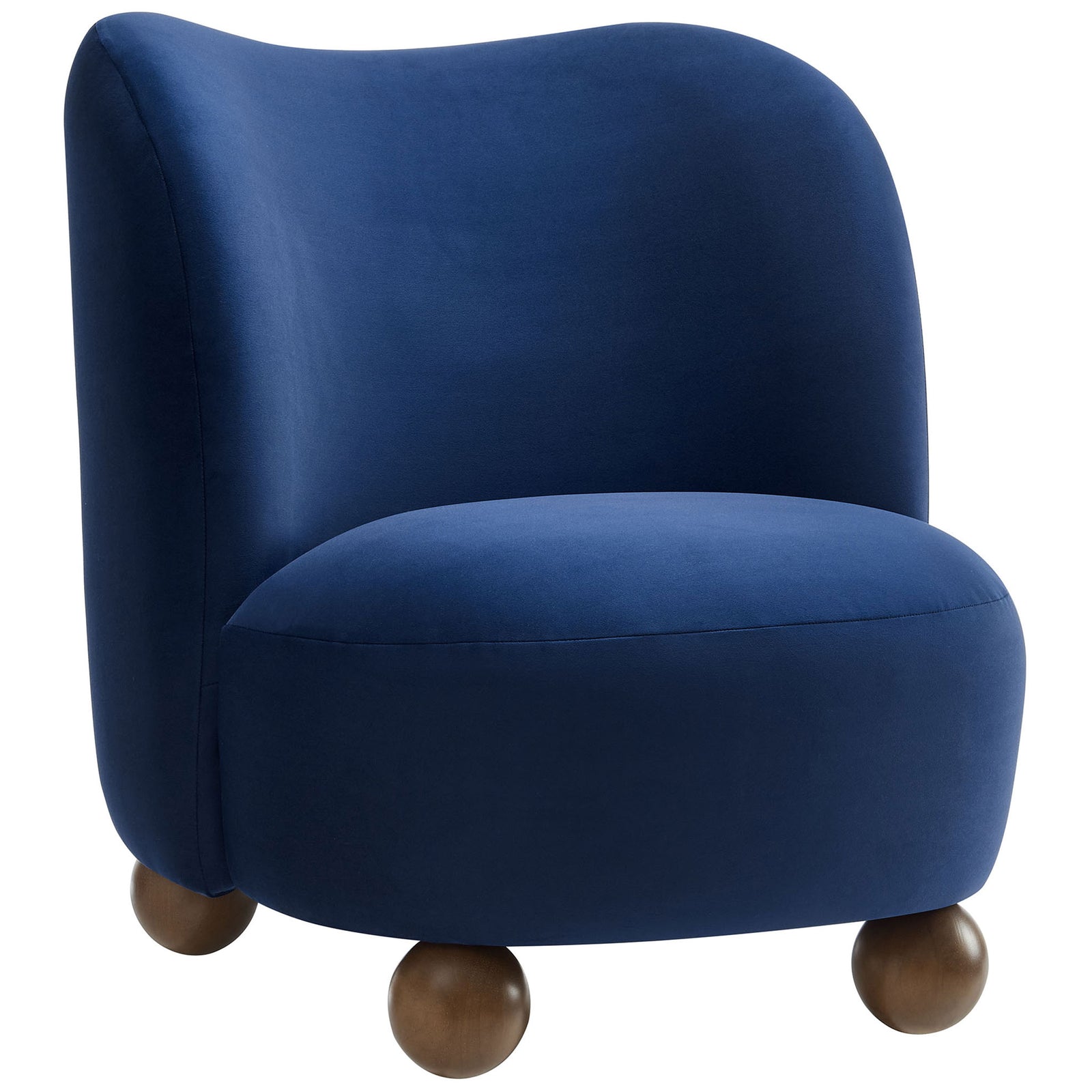 Midnight blue velvet barrel chair with plush contours and walnut ball feet || EEI-6990-MID-WAL || front_angle_studio