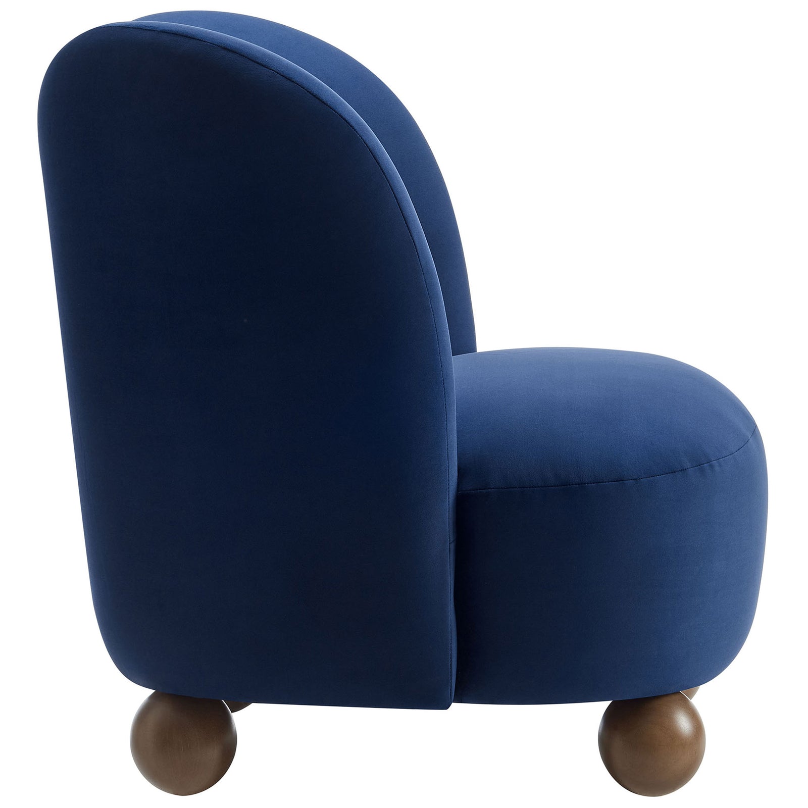 Sculpted barrel silhouette with deep seat and rounded walnut feet in performance velvet || EEI-6990-MID-WAL || side_studio