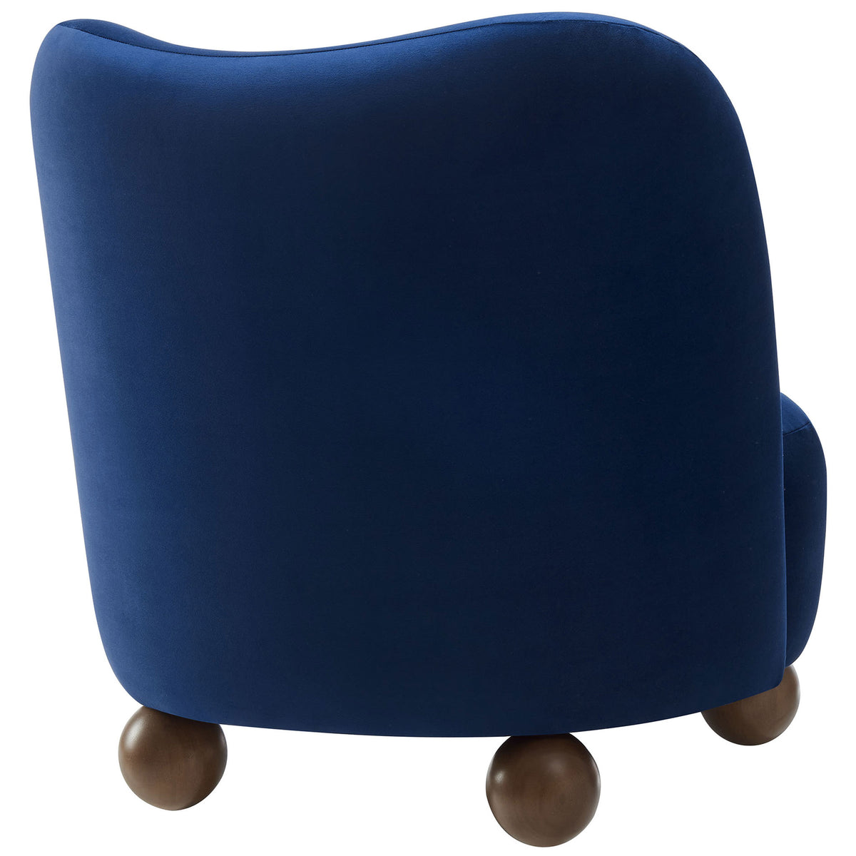 Curved wraparound backrest in midnight blue velvet atop smooth walnut ball feet || EEI-6990-MID-WAL || back_angle_studio