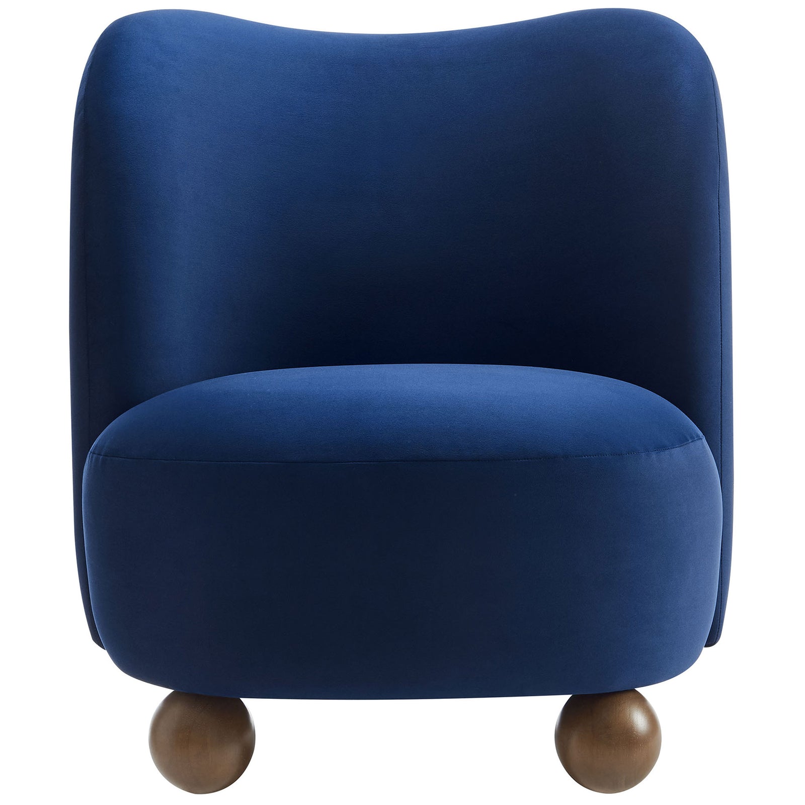 Low-profile midnight blue velvet accent chair with rounded back and walnut ball feet || EEI-6990-MID-WAL || front_studio
