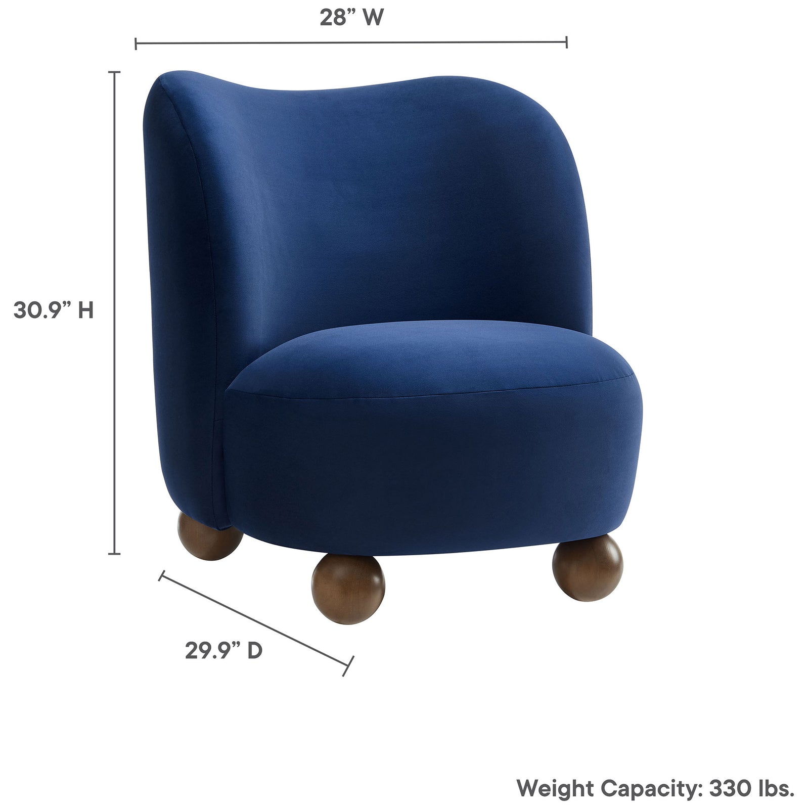 Compact accent chair measures 28 in W x 29.9 in D x 30.9 in H with 330 lb weight capacity || EEI-6990-MID-WAL || dimension_studio
