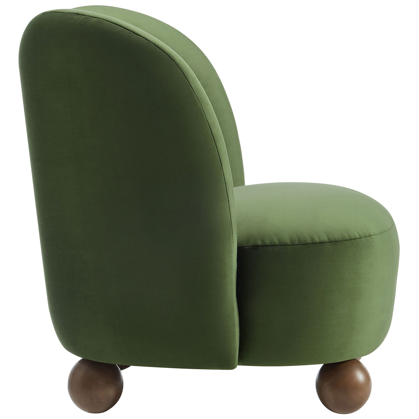 Low-profile barrel silhouette with smooth moss green velvet and walnut round feet || EEI-6990-MOG-WAL || side_studio