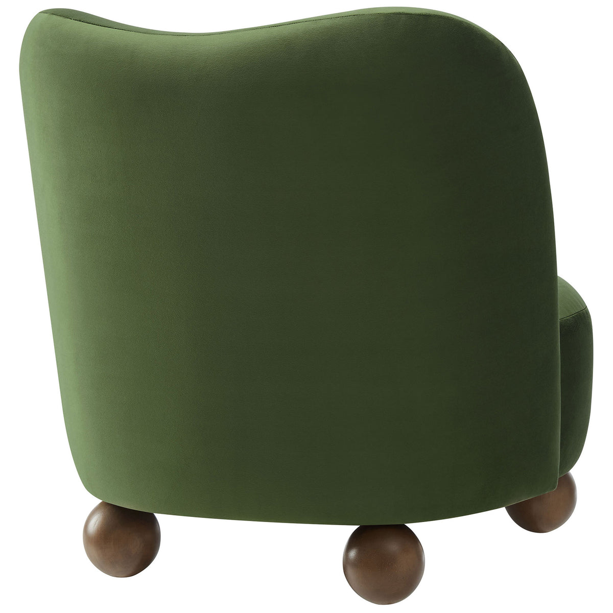 Sculpted wraparound back in moss green performance velvet with rounded walnut feet || EEI-6990-MOG-WAL || back_angle_studio