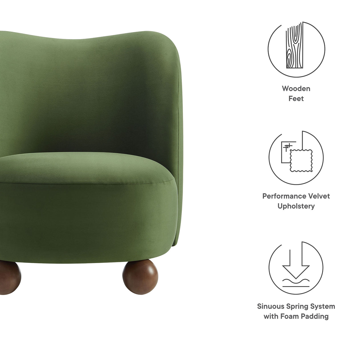 Performance velvet upholstery, wooden feet, and sinuous spring cushioning for lasting comfort || EEI-6990-MOG-WAL || callout_studio