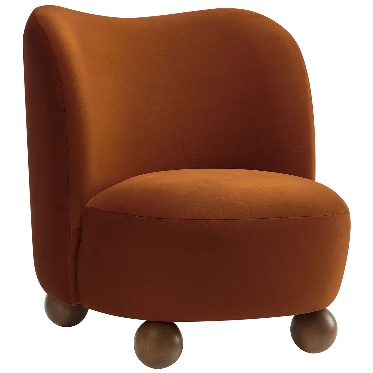 Curved barrel accent chair in rust velvet with plush seat and rounded wood ball feet || EEI-6990-RUS-WAL || front_angle_studio