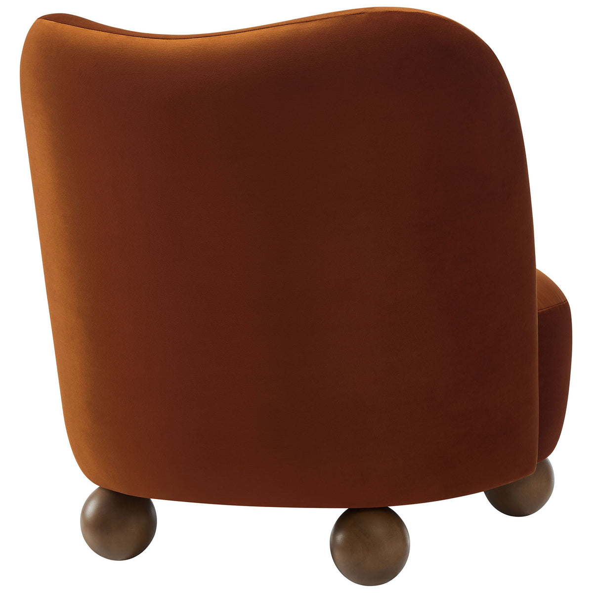 Gently curved back highlights the chair's seamless velvet and rounded wood feet || EEI-6990-RUS-WAL || back_angle_studio