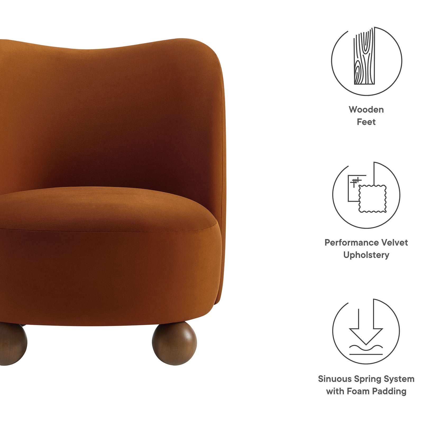 Key features include performance velvet, sinuous spring comfort, and wooden feet || EEI-6990-RUS-WAL || callout_studio