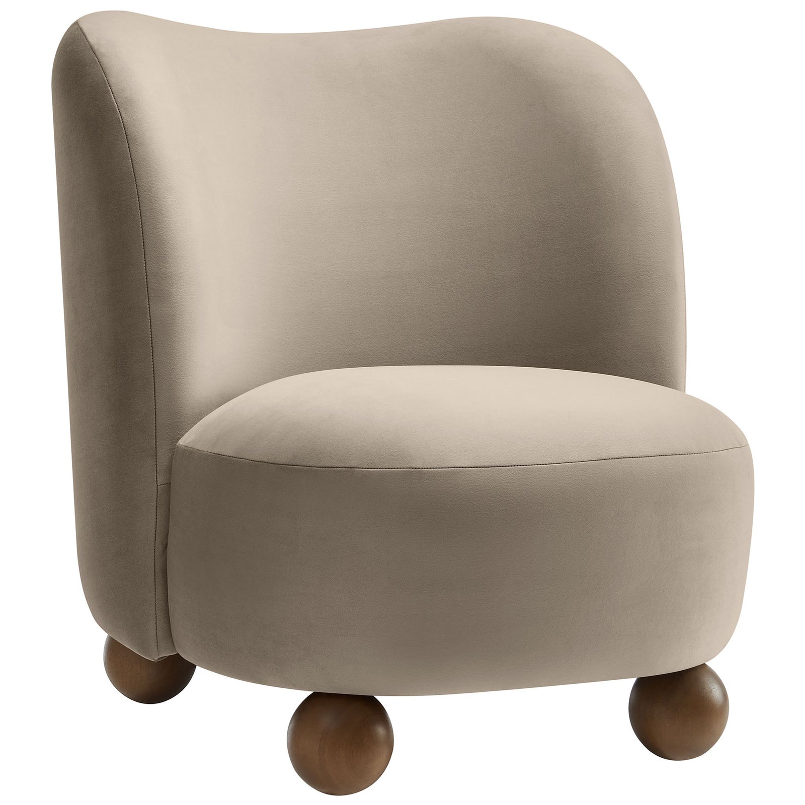 Soft taupe velvet chair with sculpted backrest and spherical walnut feet || EEI-6990-TAU-WAL || front_angle_studio