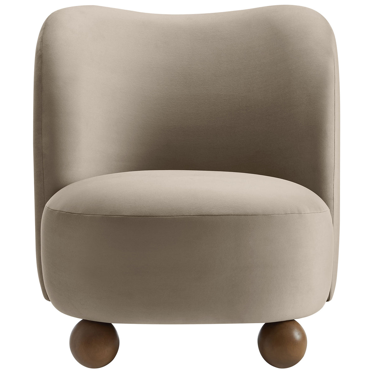 Curved barrel accent chair in taupe velvet with plush seat and rounded wooden feet || EEI-6990-TAU-WAL || front_studio