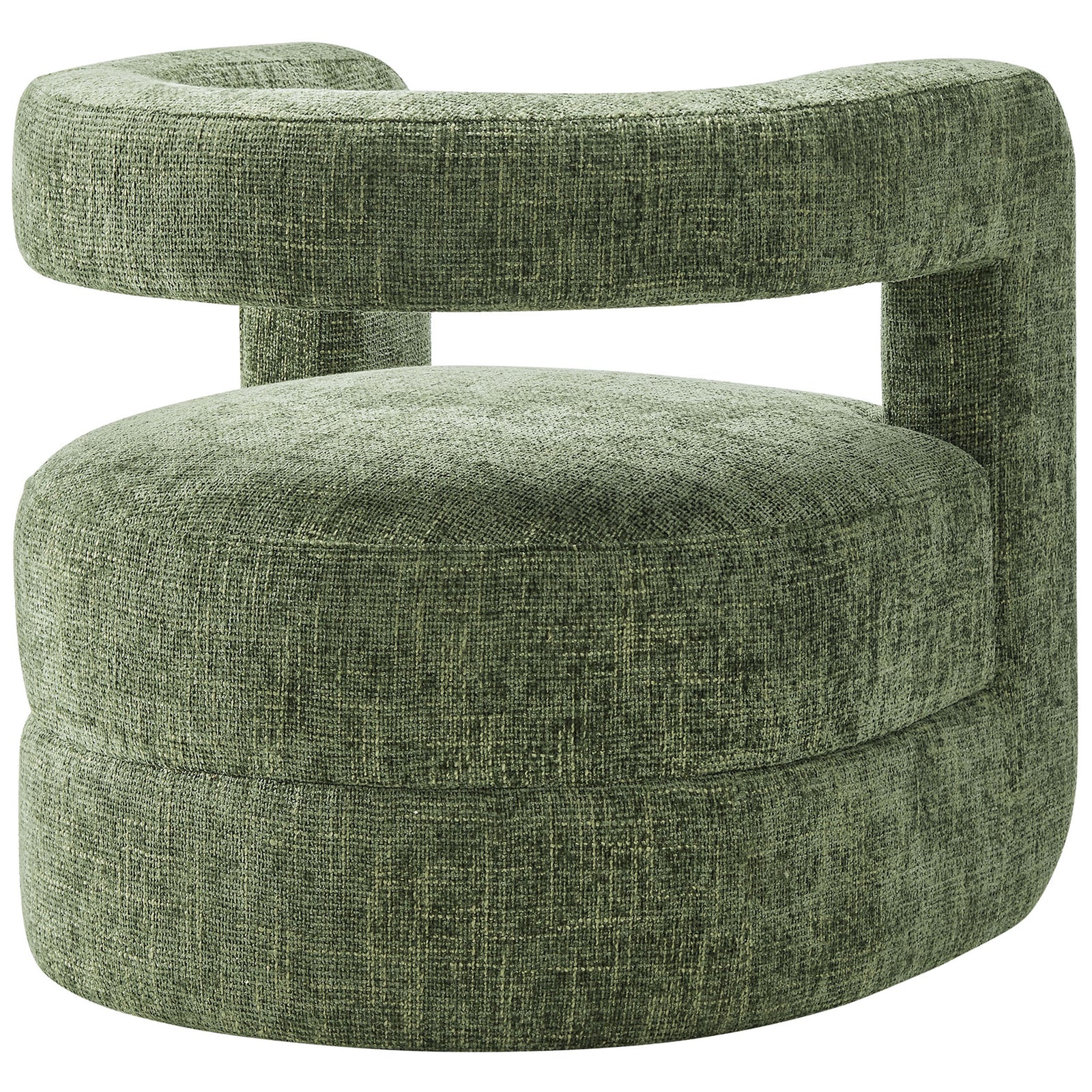 Open-back design creates a floating look with curved wraparound back and cozy circular cushion || EEI-6991-BAS || back_angle_studio