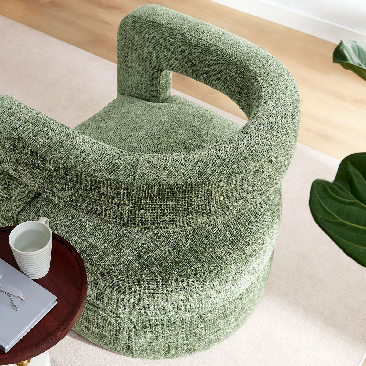 Soft chenille surface and rounded contours invite relaxation and complement contemporary decor || EEI-6991-BAS || detail_room