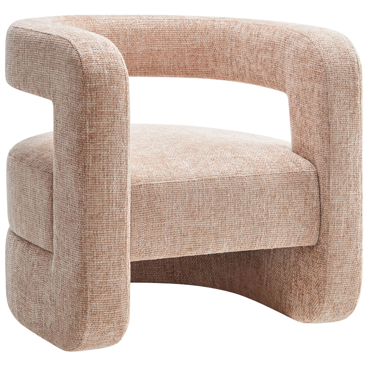 Curved chenille chair with plush round seat, open back, and U-shaped arms in blush. || EEI-6991-BLS || front_angle_studio