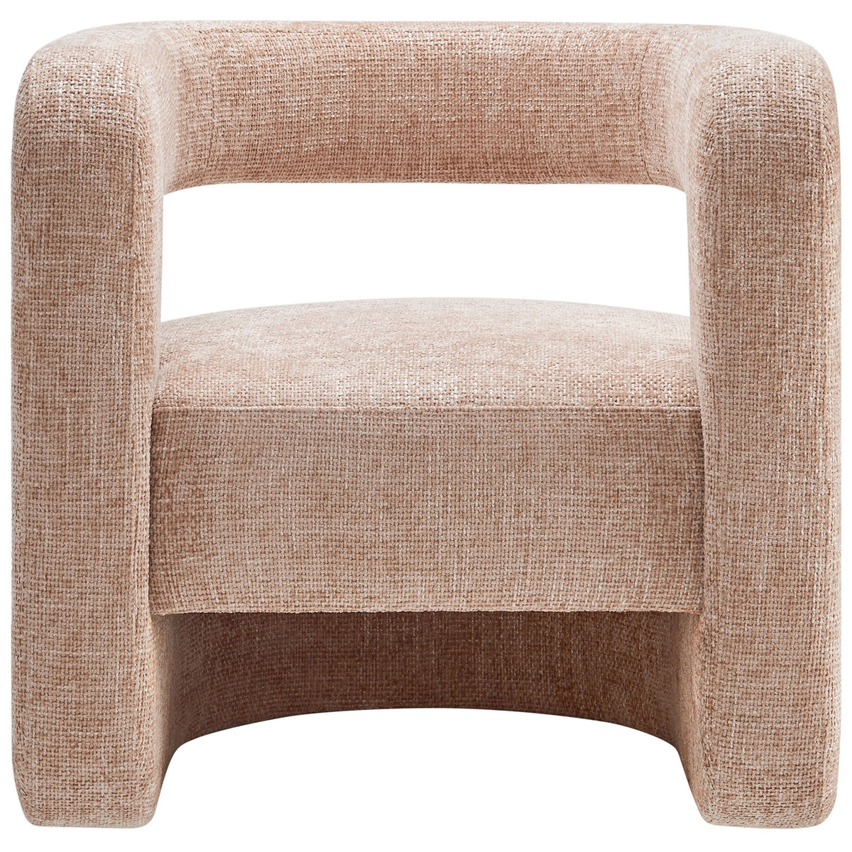 Wide, inviting seat with curved arms, open back, and sculptural base in blush chenille. || EEI-6991-BLS || front_studio