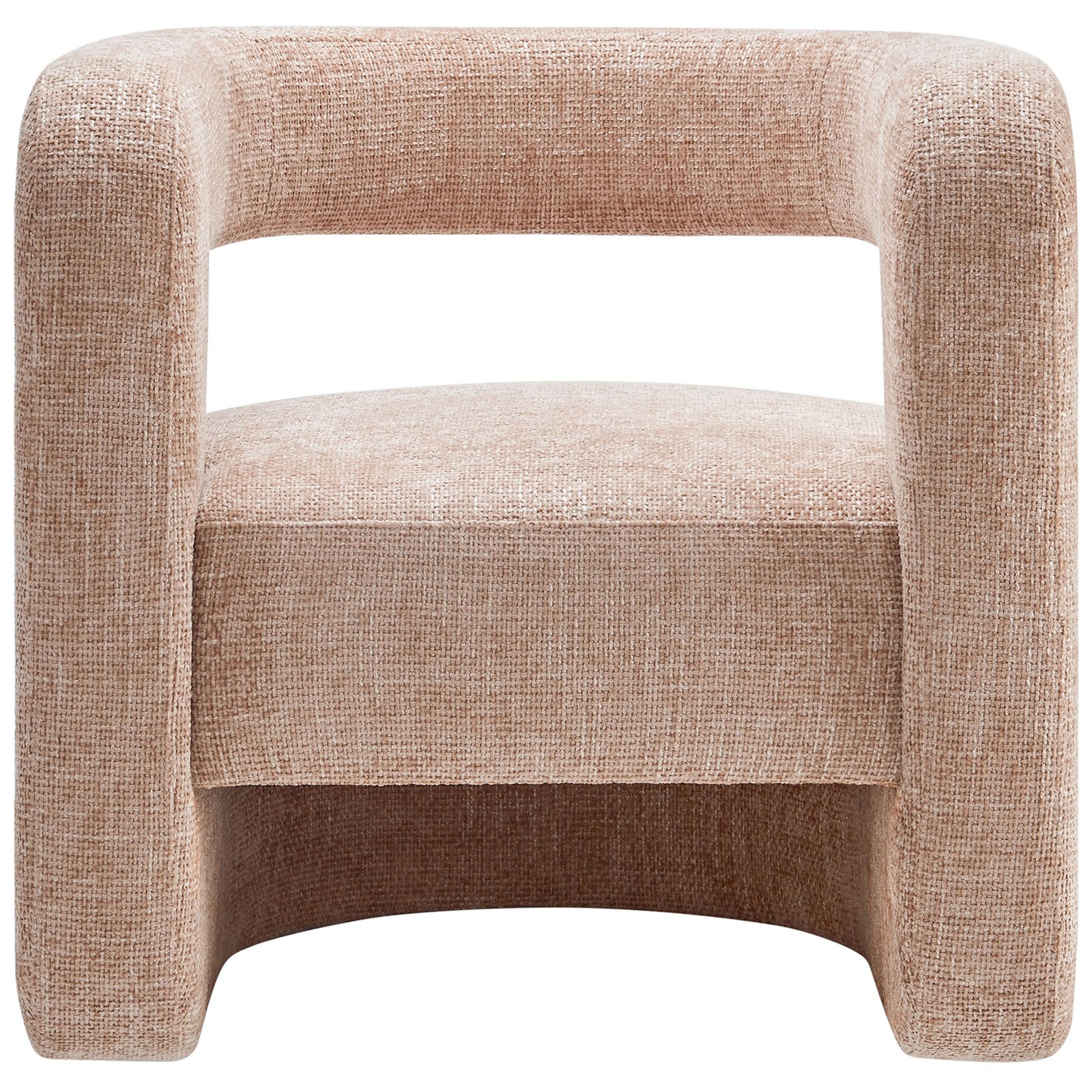 Wide, inviting seat with curved arms, open back, and sculptural base in blush chenille. || EEI-6991-BLS || front_studio