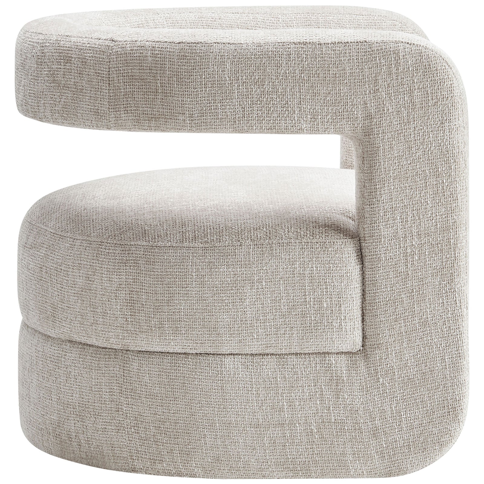 Thickly padded chenille armrest and seat create a bold, rounded silhouette with a floating backrest || EEI-6991-DOV || side_studio
