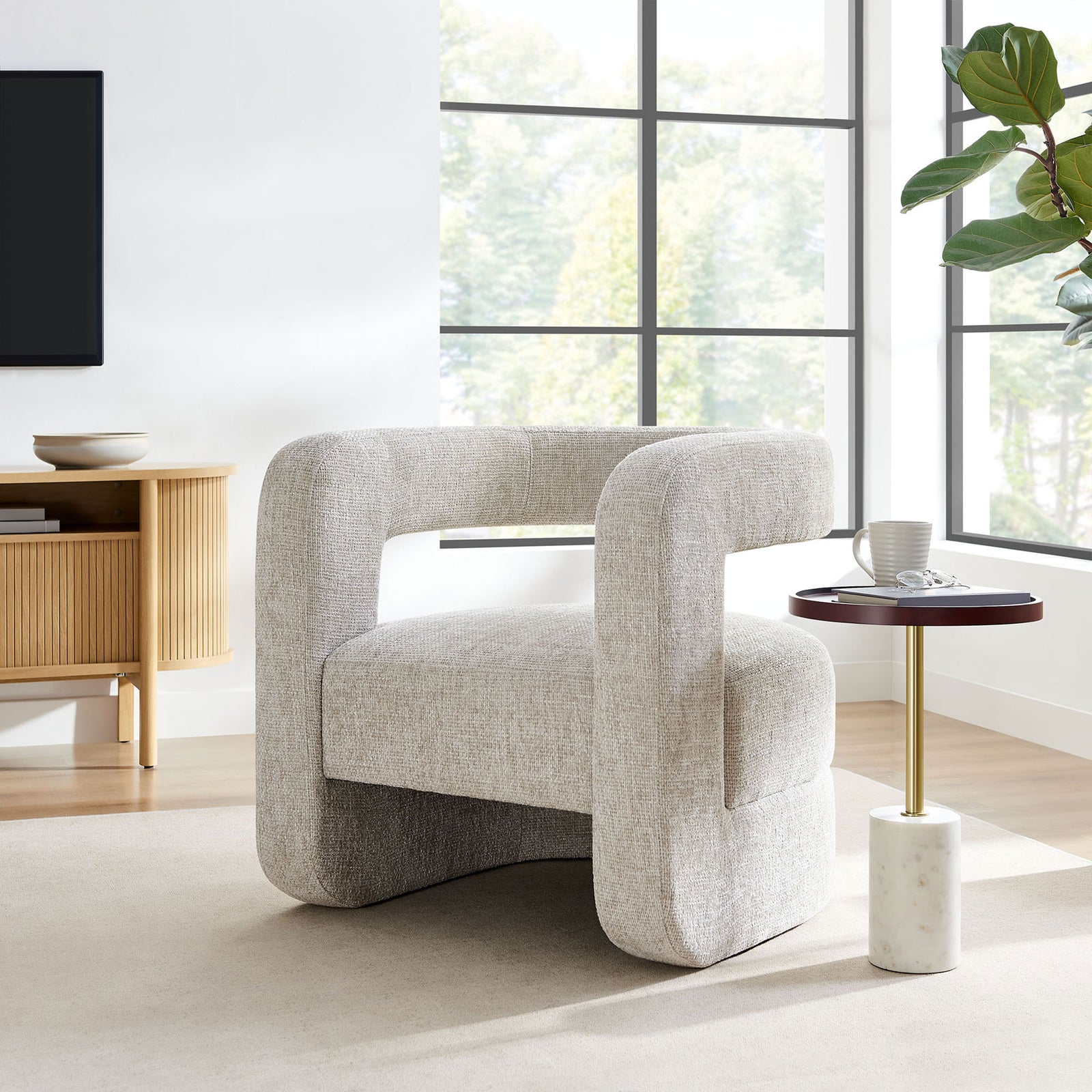 Dove gray chenille chair adds sculptural warmth, pairing curved arms with a plush, nest-like seat || EEI-6991-DOV || front_angle_room