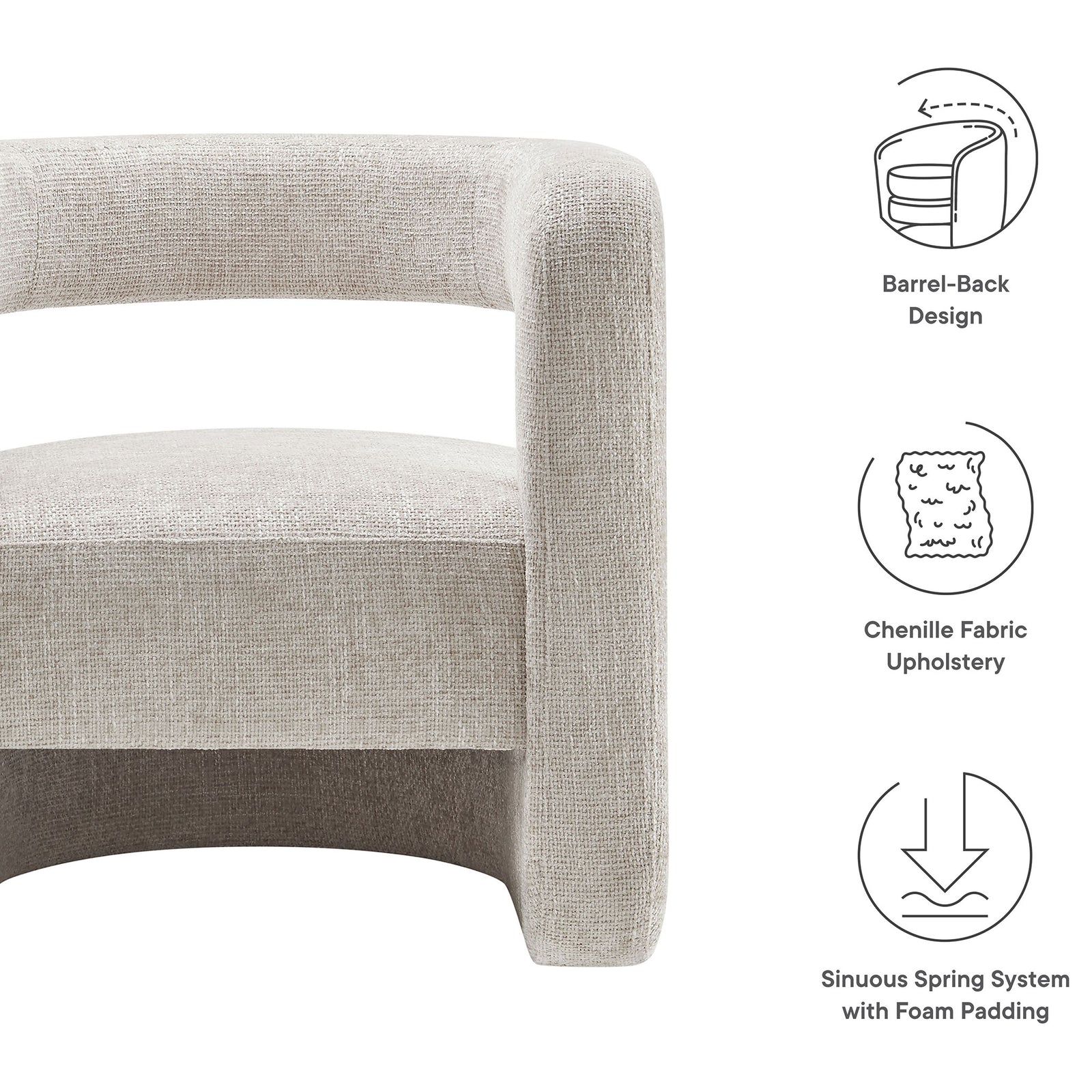 Comfort-forward design with chenille upholstery, plush round seat, and a curved open-back frame || EEI-6991-DOV || callout_studio