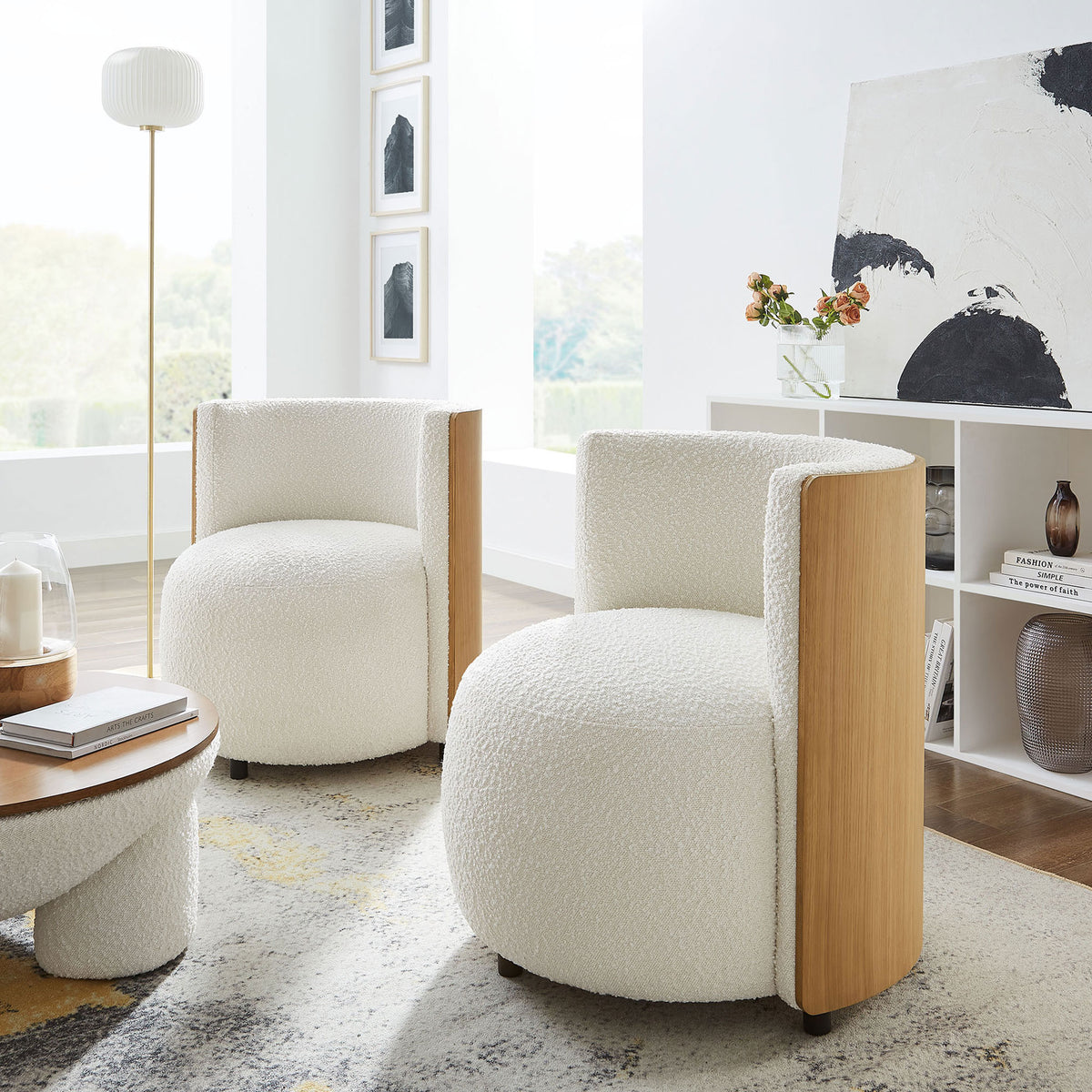 Modern barrel accent chair in ivory boucle with warm bentwood back elevates any space || EEI-6994-NAT-IVO || front_angle_room