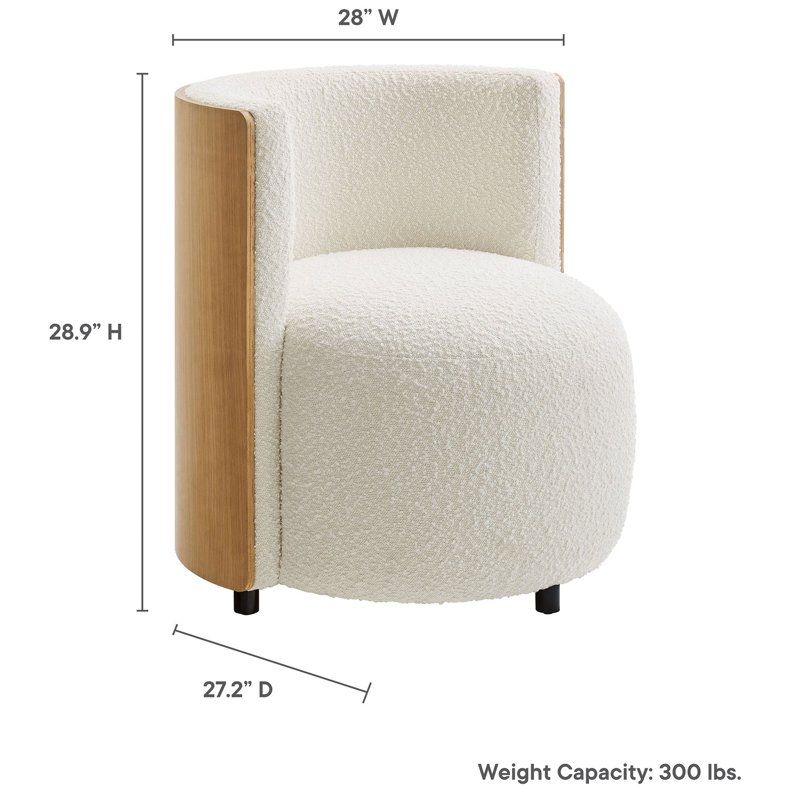 Compact barrel chair with 28 inch width and plush boucle seat supports up to 300 pounds || EEI-6994-NAT-IVO || dimension_studio