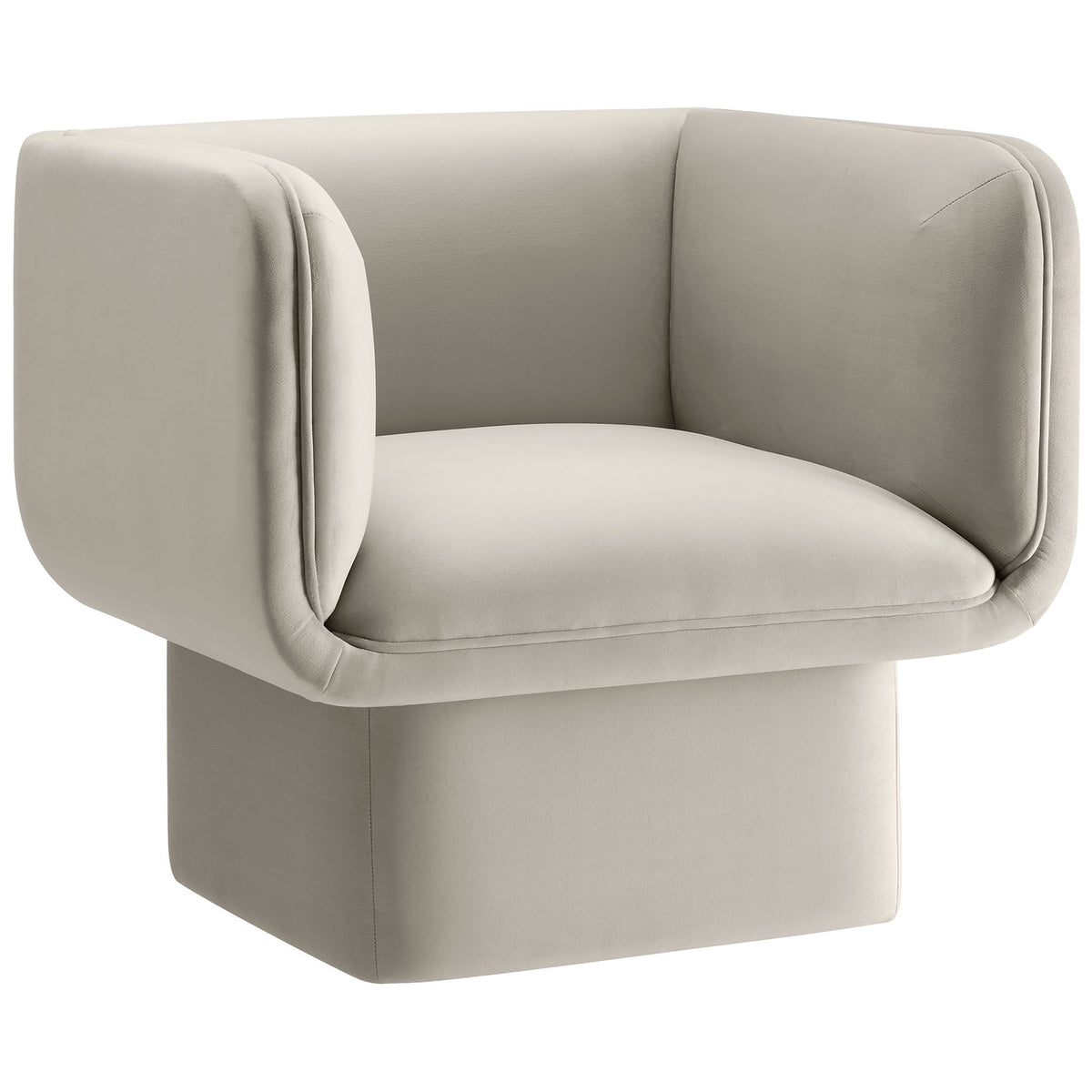 Modern square-arm velvet chair in soft almond with tailored French piping and inviting, lounge-ready seat || EEI-6995-ALM || front_angle_studio