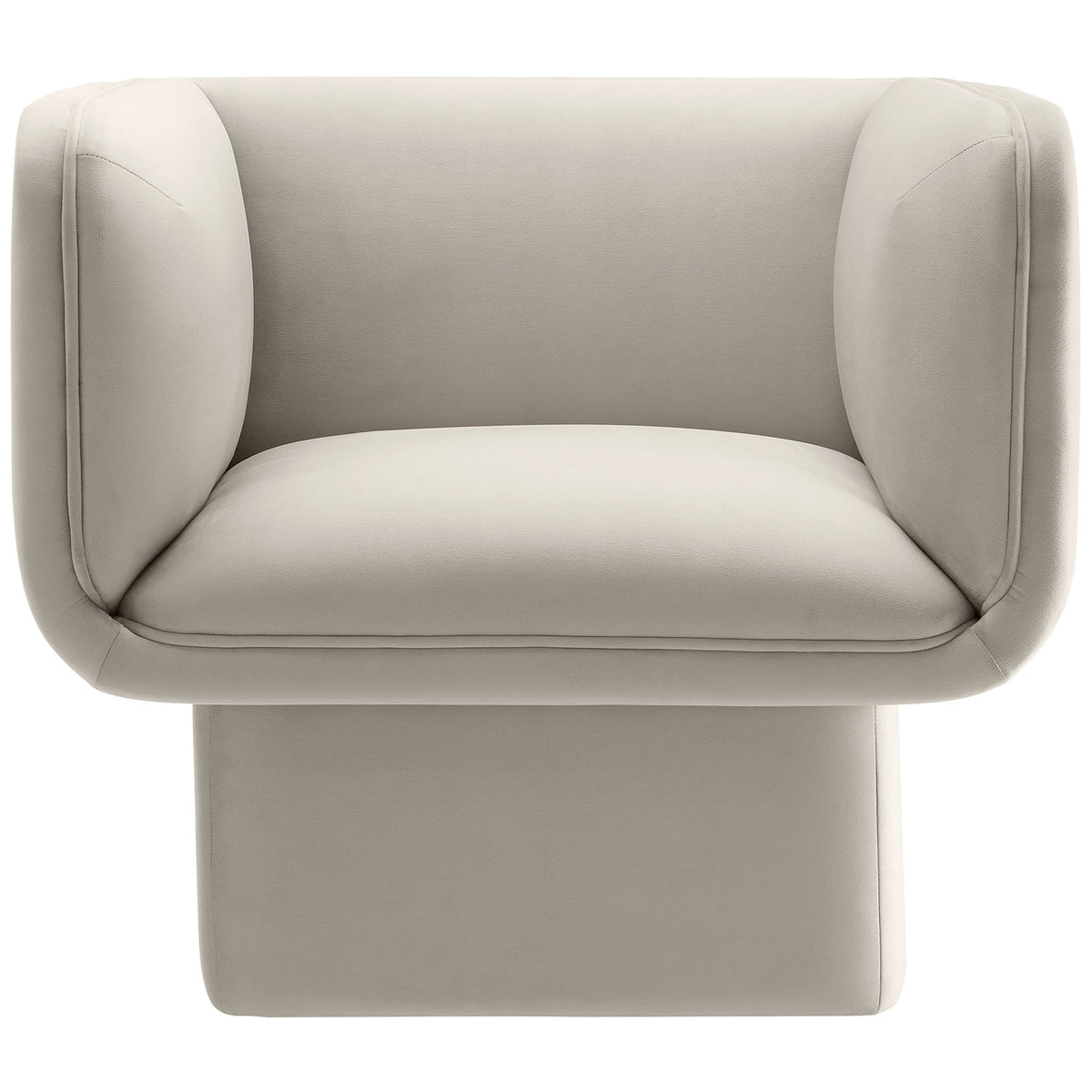 Barrel-inspired accent chair in almond performance velvet with plush fixed seat and sculpted pedestal base || EEI-6995-ALM || front_studio